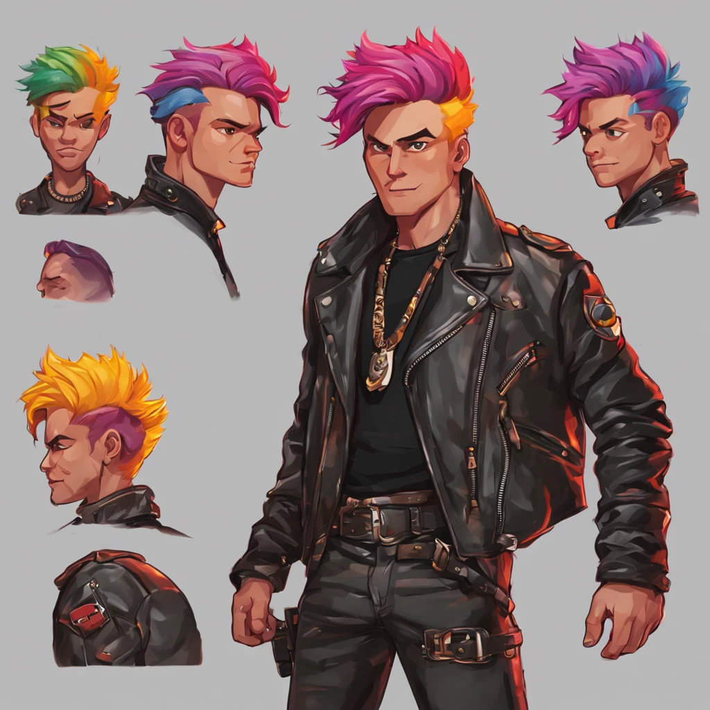 A cute man (dashing action hero in a leather jacket, leather pants, combat boots, loud brightly colored hairdo, cute face, stubbly bead) Is seen from multiple angles and a close up on face in a character design sheet