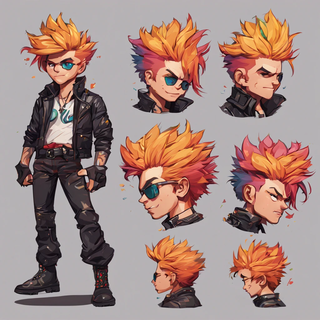 A cute man (dashing action hero in a leather jacket, leather pants, combat boots, loud brightly colored hairdo, cute face, stubbly bead) Is seen from multiple angles and a close up on face in a character design sheet