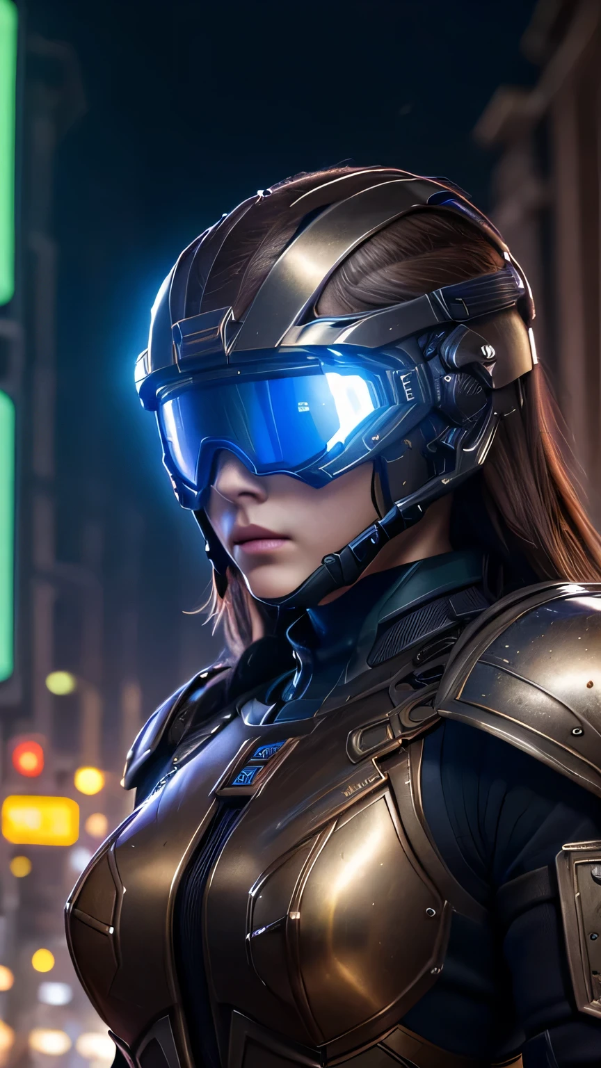 masterpiece, 最high quality, , (alone), 1 girl, look up, dim light, , horizon_(apex legend), goggles, blue eyes, brown hair, gauntlet, armor, wear a helmet, (science_fiction), outdoors, street, neon light, cyber punk, masterpiece, 最high quality, high quality, High resolution,