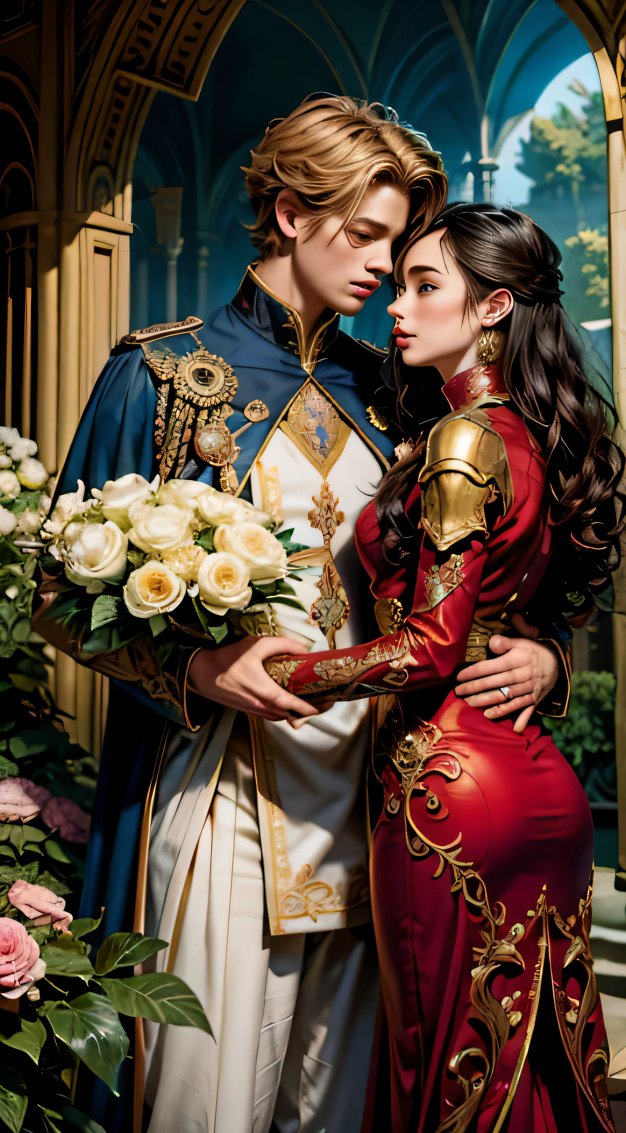 (Top Quality, 16k), A romantic scene between Princes Neels Visser and Lily Collins, Two captivating figures in love, Neels, a golden-haired prince dressed in medieval military attire, Lily, a mesmerizing commoner with curly black tresses and a vibrant red gown, Their lips locked in an affectionate kiss, An illustration of a heartwarming romance book cover, Exquisitely detailed, smooth background, Brimming with flowers in full bloom, Masterfully crafted by renowned artists, Greg Hildebrandt, Citemer Liu, Stjepan Sejic, Samyang, Aykut Aydogdu