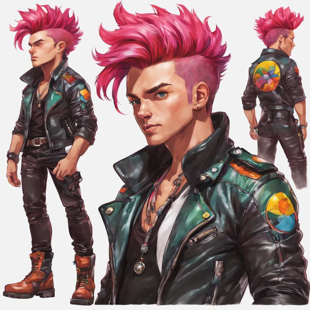 A cute man (dashing action hero in a leather jacket, leather pants, combat boots, loud brightly colored hairdo, cute face, stubbly bead) Is seen from multiple angles and a close up on face in a character design sheet