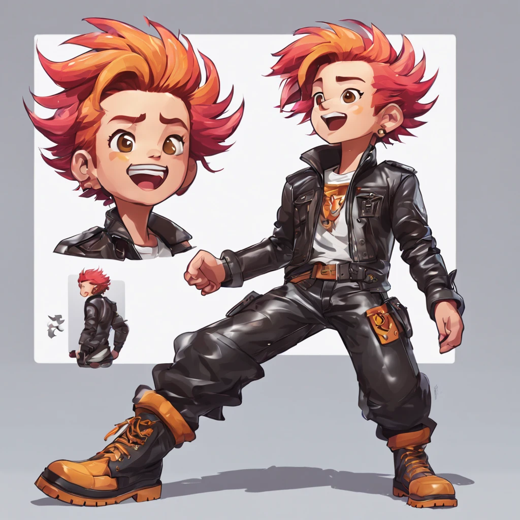 A cute man (dashing action hero in a leather jacket, leather pants, combat boots, loud brightly colored hairdo, cute face, stubbly bead) Is seen from multiple angles and a close up on face in a character design sheet