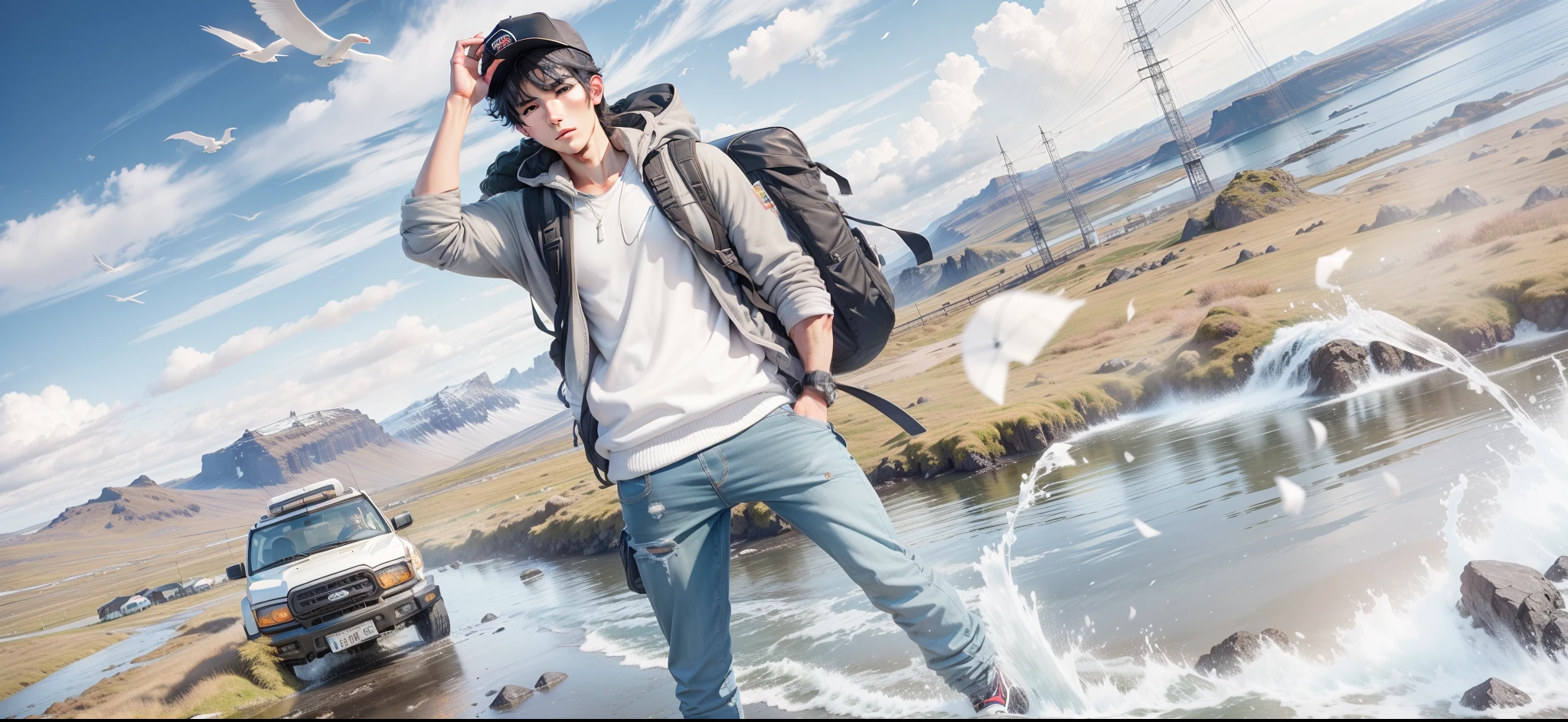 Highest image quality、detailed pictures、reality、male、good looking、sharp look、black hair、carrying a backpack、holding the cap with raised hand、The scenery is amazing in Iceland、the way、colorful,  behind the background１The Jimny on the stand is stopped.