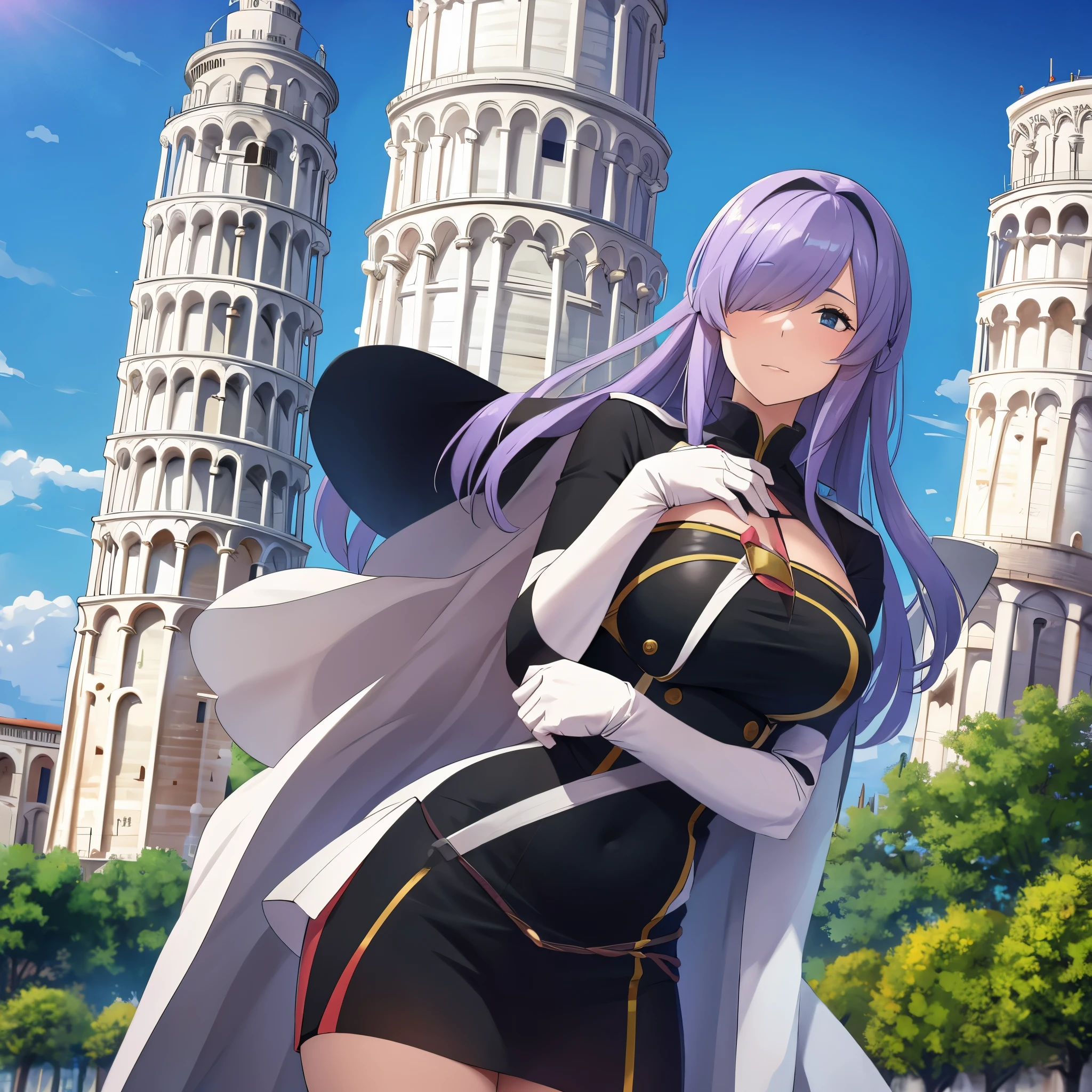 a woman wearing a dress, near the Leaning Tower of Pisa
