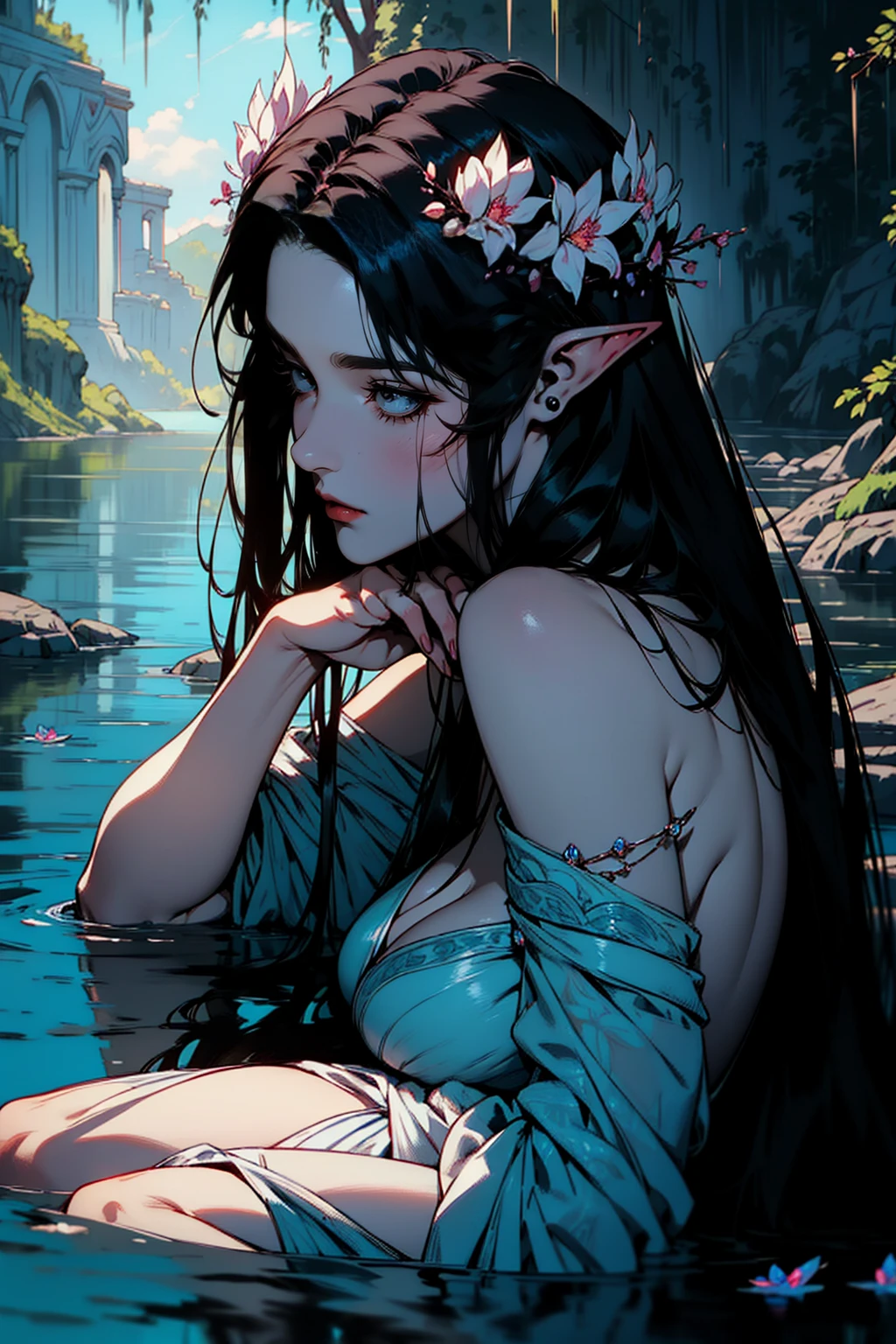 { - anatomy error}(Masterpiece - Ultra-detailed, very high resolution)hyper-realistic of a mysterious woman with flowing black hair, ears of elf, piercing opal eyes, and a delicate floral crown, delicate smile, whole body, sitting on the water, backwards, looking back, perfect eyes, perfect fingers