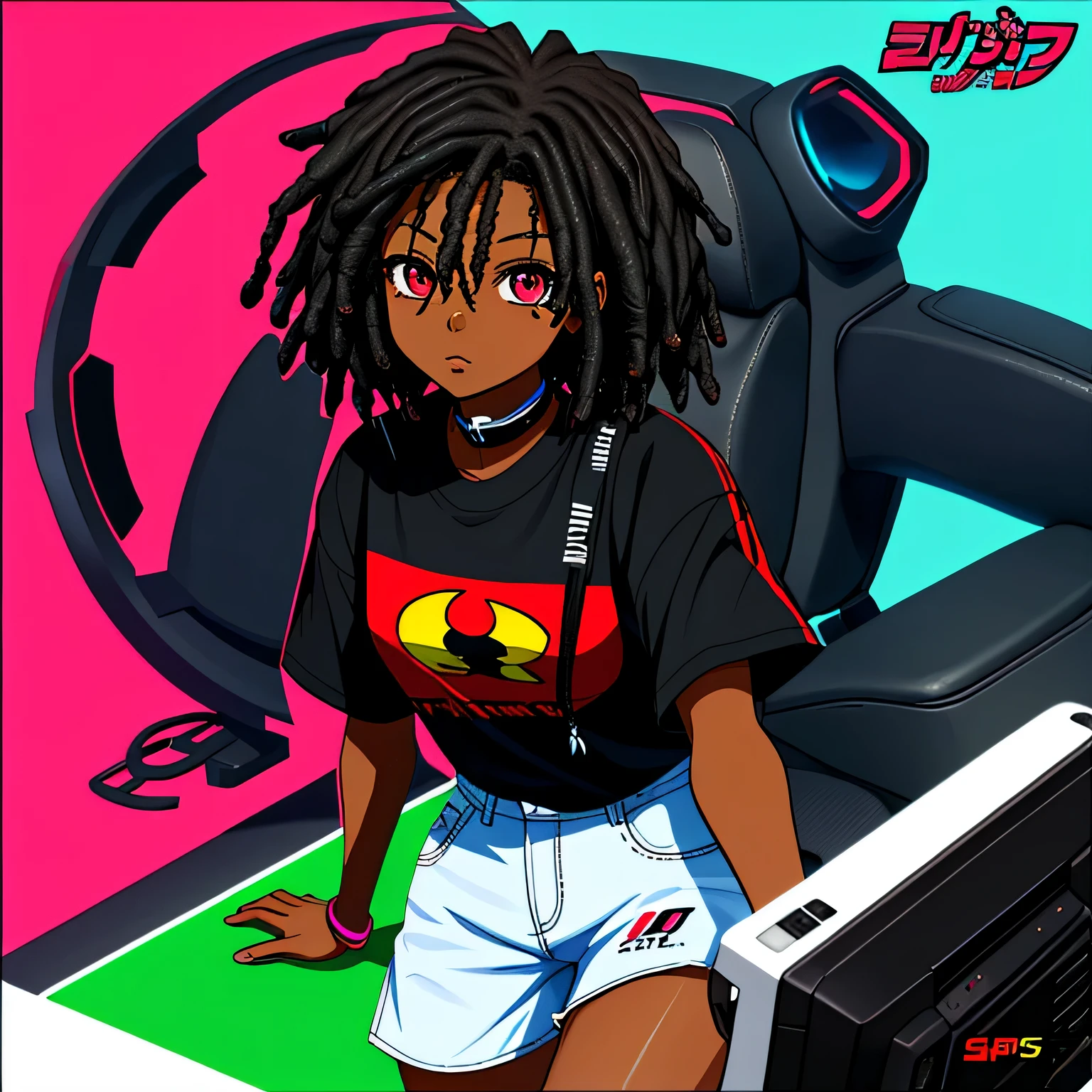 DARK SKINNED AFRICAN girl ANIME CHARACTER, SUPER CUTE, IN ALL BLACK CUTE OUTFIT, no other colors WITH SHORT DREAD LOCS, gamer girl playing the ps5