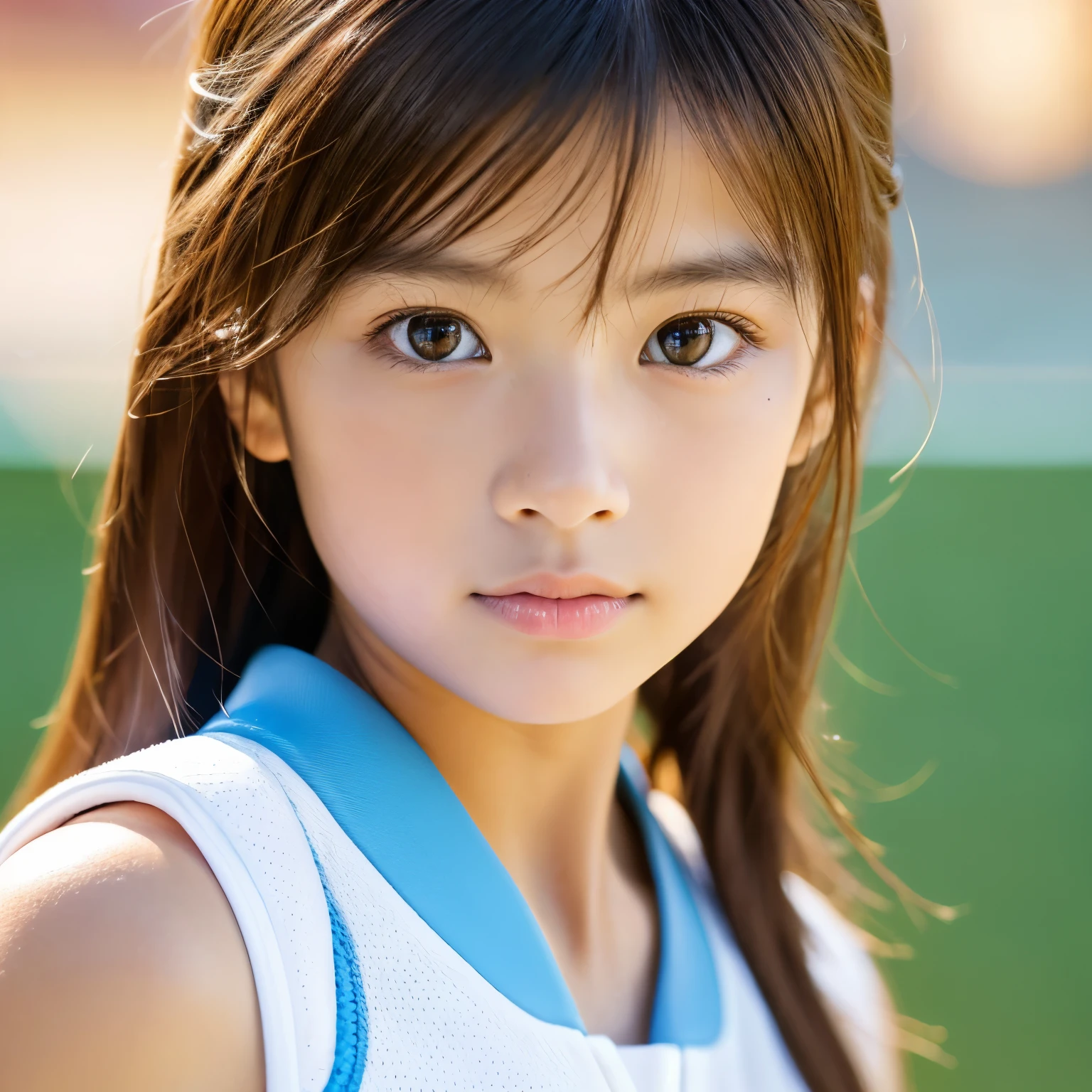 highest quality, face focus, soft light, ultra high resolution, (realistic:1.4), RAW photo, 1 japanese girl, alone, cute, (pupil, light in the eyes), detailed beautiful face, (),(High resolution details of human skin texture), (long hair), indoor, tennis wear, (portrait)