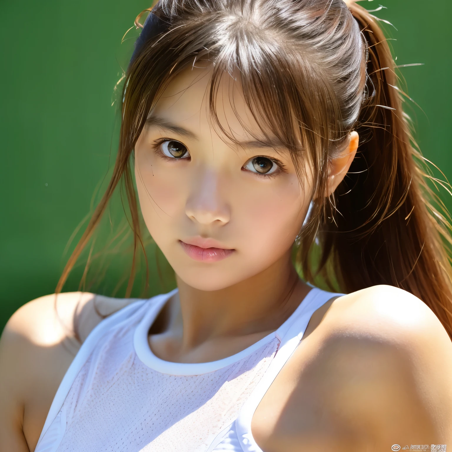 highest quality, face focus, soft light, ultra high resolution, (realistic:1.4), RAW photo, 1 japanese girl, alone, cute, (pupil, light in the eyes), detailed beautiful face, (),(High resolution details of human skin texture), (long hair), indoor, tennis wear, (portrait)