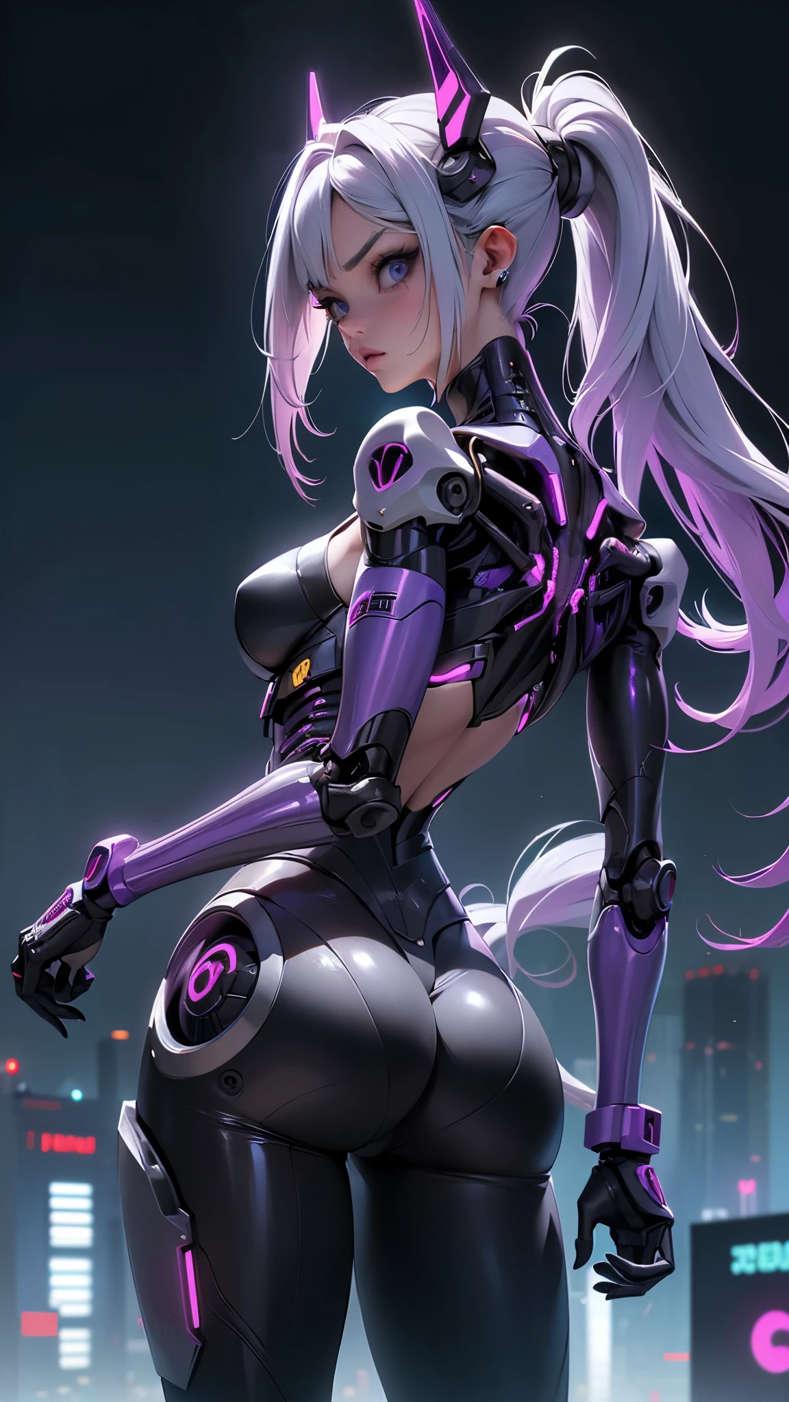 (rear view, backside view),,(La mejor calidad,A high resolution,Ultra - detallado,actual),Ariana Grande hermosa chica blanca cyborg esqueleto, (esqueleto ciberpunk:1.4), Portrait of a cybernetic skeleton, cyborg - chica con cabello plateado, hermosa chica cyborg, (chica cyborg:1.4), Mujer humanoide, hermosa chica cyborg, (She has a beautiful bone structure.:1.4),,More detailed 8K.motor irreal:1.4,HD,La mejor calidad:1.4, fotorrealista:1.4, textura de la piel:1.4, obra maestra:1.8,obra maestra, mejor calidad,objeto Objeto], (rasgos faciales detallados:1.3),(Las proporciones correctas),(convexo Dedos detallados),(Ojos hermosos azules:1.4 ), (pose vaquero) , (fondo ciudad Tokio cyberpunkAI:1.4), (has a purple metallic cybernetic skeleton body:1.4), (fondo ciudad Tokio noche nocturna:1.4), (fondo ciudad Tokio cyberpunkAI :1.4),( perfect anatomy 2.1), ,( ciberpunk 2.1), (estilo kawaii ciborg :1.4) 