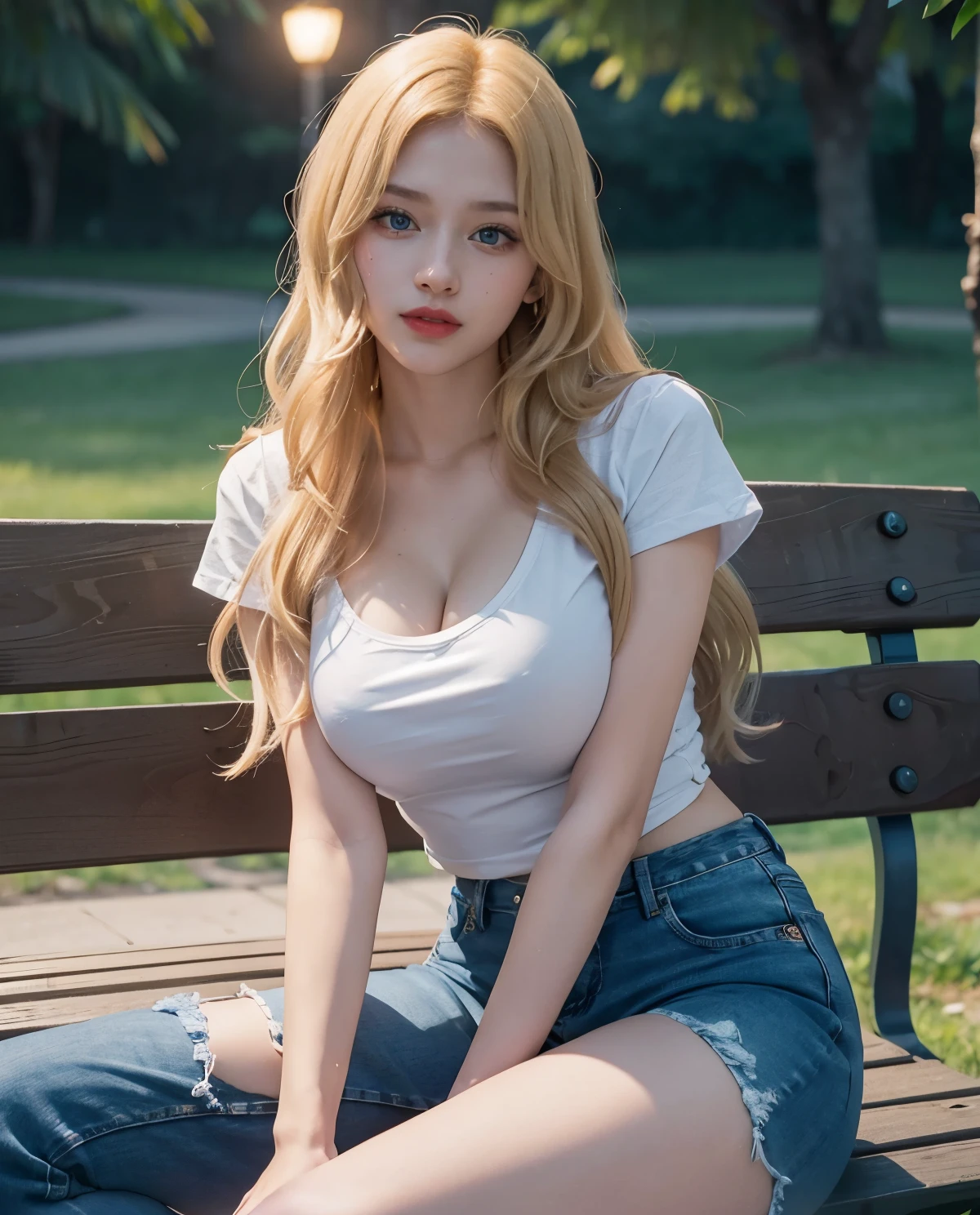 1girl, (Blue Eyes), (chuckle :1.2), (Sana Minatozaki), wide hips, Big tits, big ass, (Best Quality, 8k, Masterpiece: 1.3), Clear Focus: 1.2, Perfect Body Beauty: 1.4, strong abs :1.2, Highly detailed face and skin texture, detailed eyes, double eyelids, black lined eyes, red lips(blond long hair), cleavage t-shirt, jeans, sitting on a bench, open legs :1.4, in a park at night :1.2, light bulb strip in the background, deep on field, blurred background