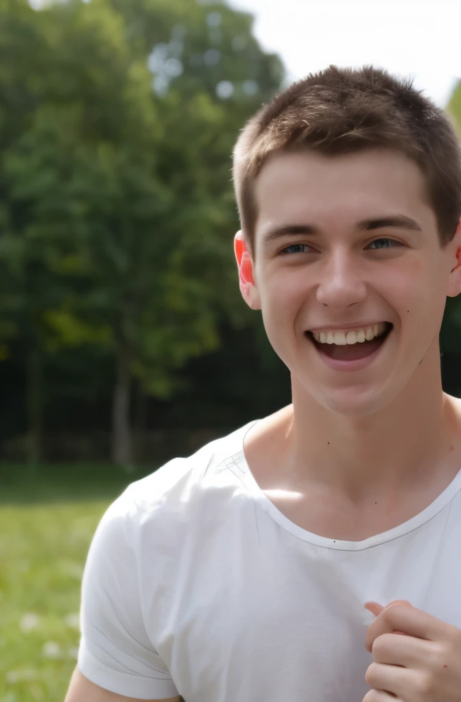 well-lit photo of a cute young white man with blue eyes and wavy brown hair laughing outdoors