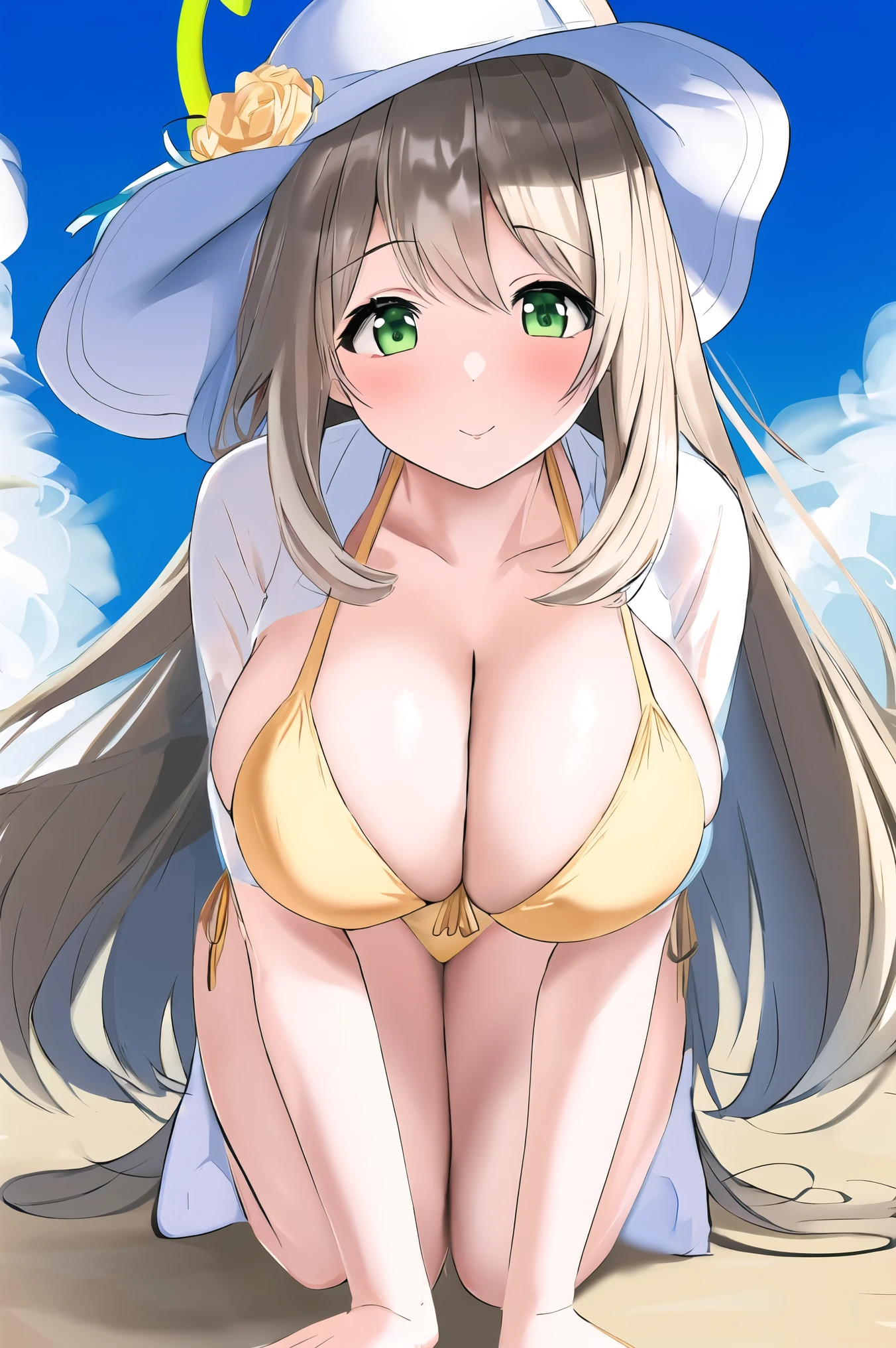 (A superb beautiful girl), 8k, Ultra high resolution, (masterpiece:1.2), (best quality, finely detailed beautiful eyes), extremely delicate, solo, real light and shadow, (shoot from front), teenager, nonomi, BREAK light green eyes, BREAK (long hair, light Ivory hair:1.3), BREAK (cream yellow bikini swimwear, see through open collar shirt), big hat, BREAK Model pose, beach, summer,