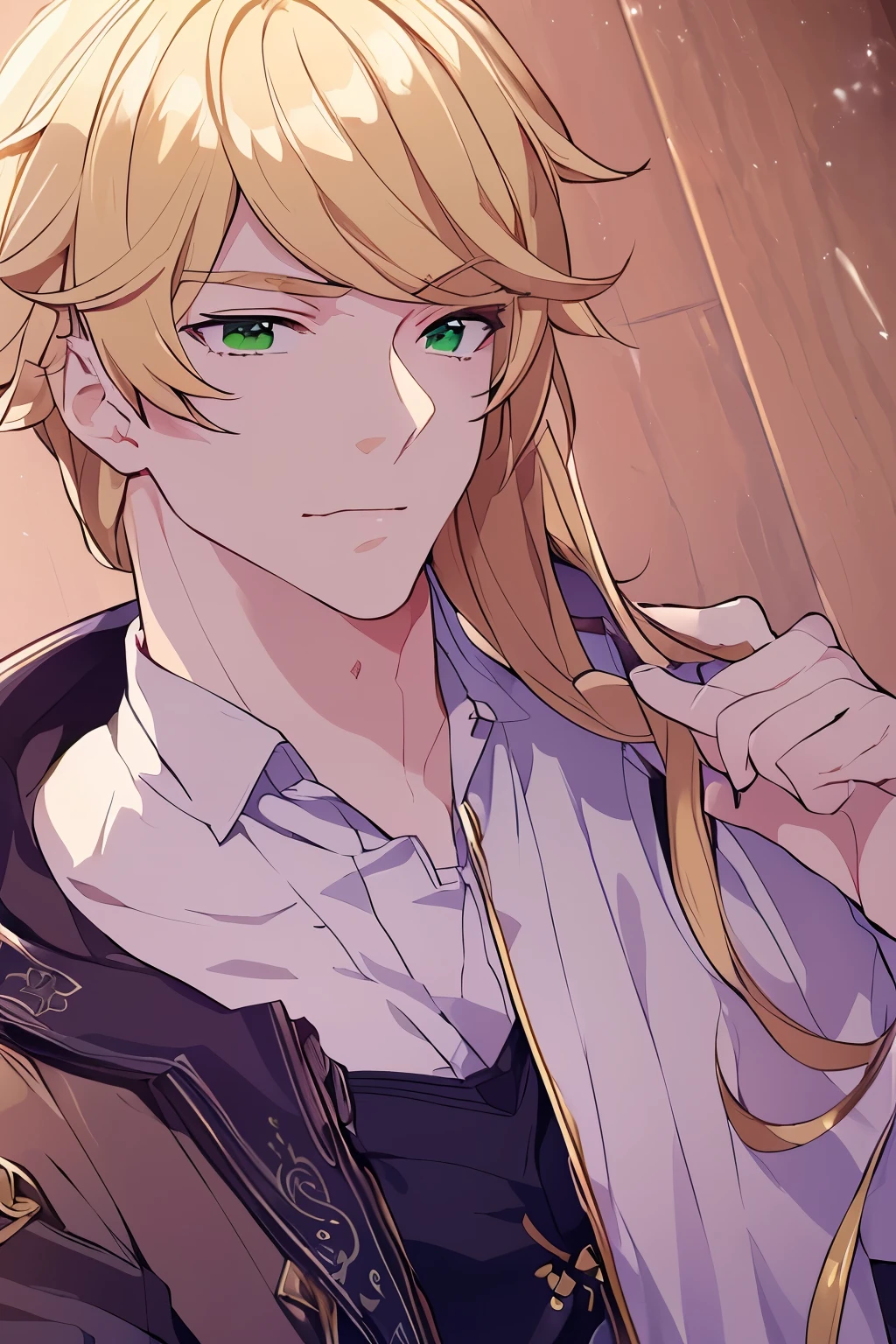 (((masterpiece, 4K, Best quality, perfect anatomy, perfect lightning))) 1boy, Portrait, male focus, young boy, upper body, detailed face, Green eyes((detailed)), soft smile, long mesmerising blonde hair (ponytail), formal, purple jacket, white shirt,  collared shirt, simple background, 18 year old