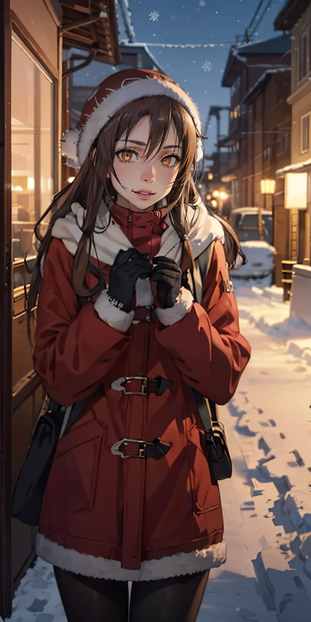 yuuki asuna, kizukiai, brown hair, brown eyes, medium breasts, long hair, braid, ((Anime,1woman,Best Quality), (Highly Detailed 8K Background, Best Shadow), Highly Detailed, (Beautiful Detailed Eyes), ((Winter Clothes, Daylight, Winter))), (Cowboy Shot), Anime, City, Best Quality High detail, 4K