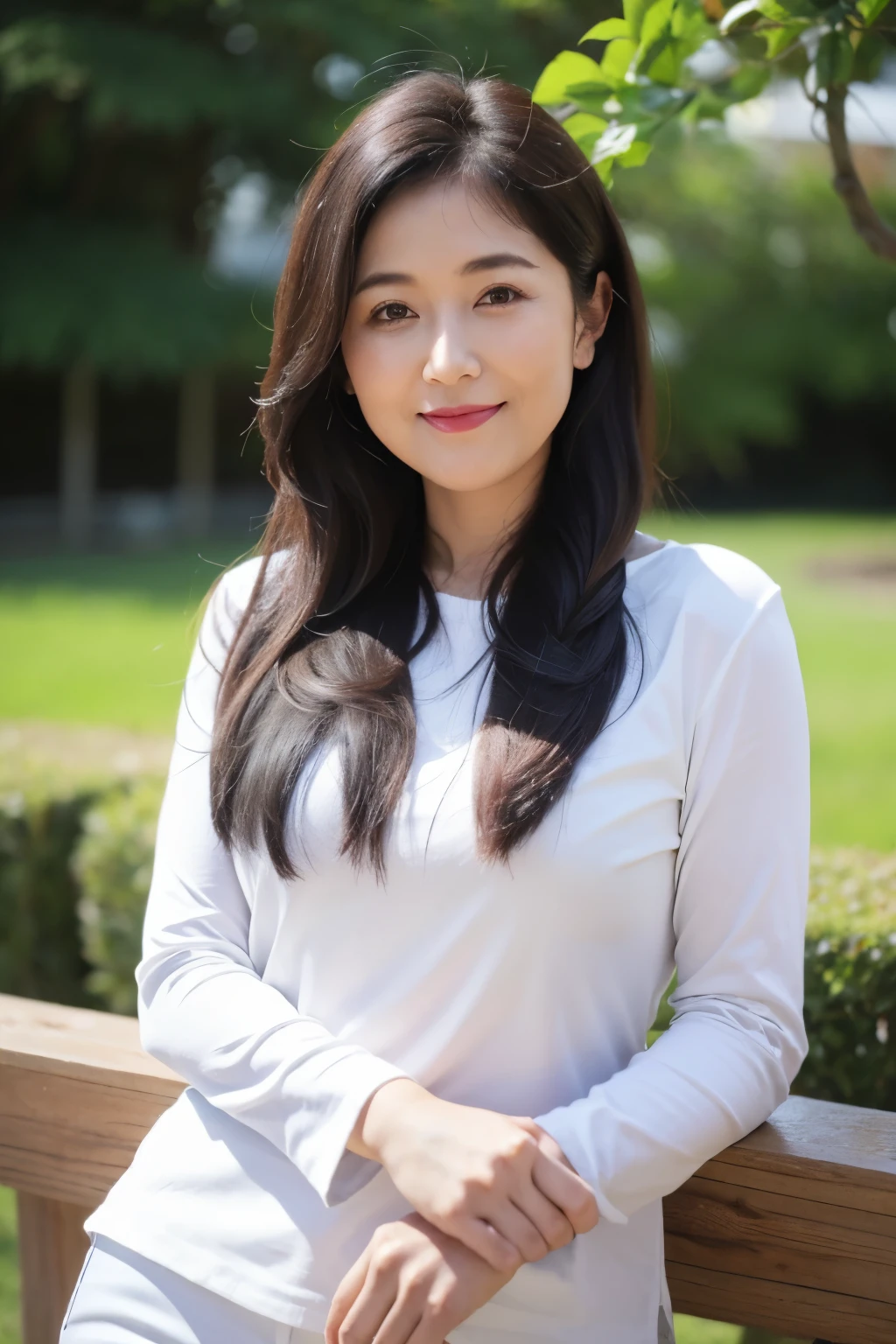 (top quality、8k、masterpiece:1.3))、sharp focus, High level of image quality, high resolution,,gray shirt,white jeans,wavy long hair,garden background,37-year-old female,Mature,charming smile,Draw lips correctly, red lipstick,stand,Slightly fat,medium chest,full-body shot