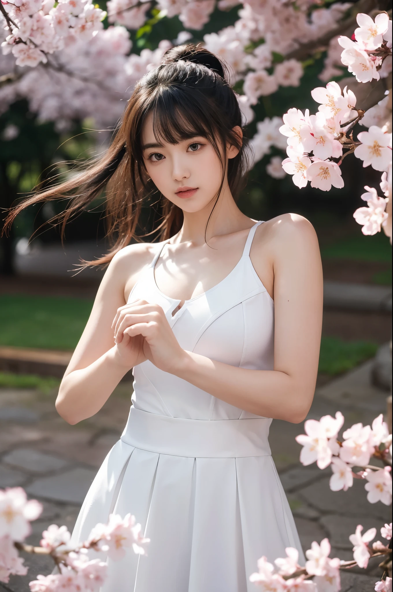 upper body,blade to side,strike pose,blade down,blade right hand,cherry blossoms,, (masterpiece, best quality, high quality, highres, ultra-detailed),