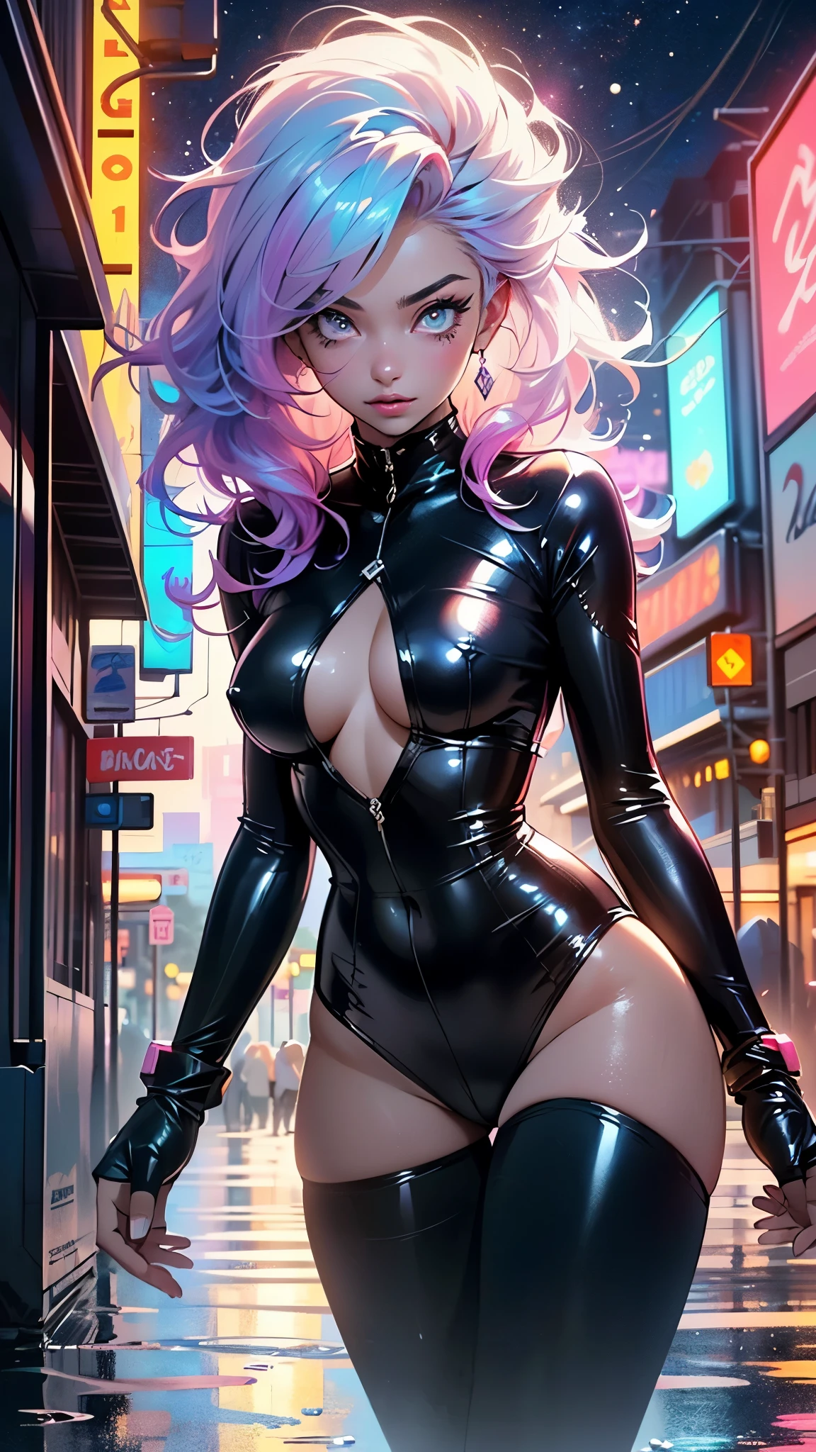 cute cartoon girl,(((1girl))),((extremely cute cartoon girl with liquid paint hair)),
(large breasts:1.4),(((very long hair,absurdly long hair,hair down to the waist,liquid paint hair:1.1,neon purple hair|neon pink hair|neon blue hair|neon aqua hair|purple hair|fuchsia hair|fluorescent blue hair|amethyst hair|neon hair|bright pink hair :1.5,bright hair: 1.3,hair made of paint and defies gravity,thick flowing,paint splatter:1.3,shiny hair: 1.3,vibrant colored hair))),((heterochromia:1.5, (purple_eye and pink_eye))),intricate eyes,beautiful detailed eyes,symmetrical eyes,((fat)),(((lustrous skin:1.5,bright skin: 1.5,skin tanned,shiny skin,very shiny skin,shiny body,plastic glitter skin,exaggerated shiny skin,illuminated skin,wet legs))),(spider lower abdomen,narrow waist,wide hip,athletic body,inflated legs, thick thighs,detailed body,(detailed face)),
cute,slutty,seductive,erotic,(nsfw)
(((liquid paint clothes,clothes made of liquid paint,body paint))),underboob,with liquid paint micro clothes,body paint,dripping paint,liquid pain tiny thong,bare legs,((wet liquid paint clothes,detailed outfit,detailed liquid paint clothes)),
(dynamic pose:1.0),solo focus,embarrassed,(centered,scale to fit dimensions,Rule of thirds),
cyberpunk city by the ocean at night, with bright neon signs and dark stormy clouds and puddles, scenery:1.25,nighttime, starry night, cosmos,Very dark night that makes the neon lights stand out, very bright neon lights,nighttime, starry night, cosmos,
artistic photography,(photography taken by sldr),highres, sharp focus,(ultra detailed, extremely detailed), (photorealistic artwork:1.37),(extremely detailed CG unity 8k wallpaper),((synthwave background theme)),(((vibrant colors))),intricate,(intricate background),(masterpiece),(best quality),perfect rendered face,perfect face details,realistic face,photo realistic,analog style,((intricate detail)),(((realism))),