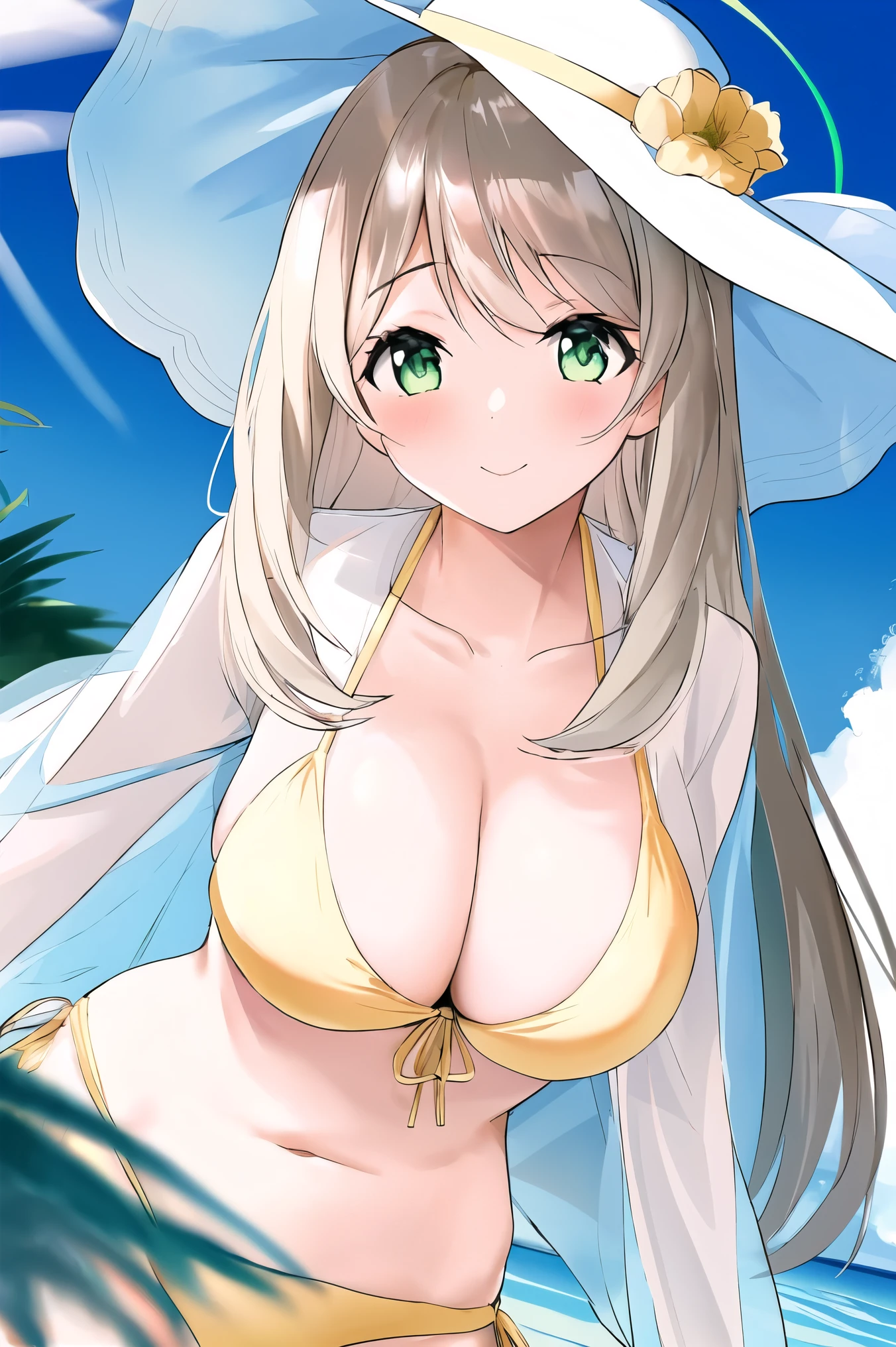 (A superb beautiful girl), 8k, Ultra high resolution, (masterpiece:1.2), (best quality, finely detailed beautiful eyes), extremely delicate, solo, real light and shadow, (shoot from front), teenager, nonomi, BREAK light green eyes, BREAK (long hair, light Ivory hair:1.3), BREAK (cream yellow bikini swimwear, see through open collar shirt), big hat, BREAK Model pose, beach, summer,