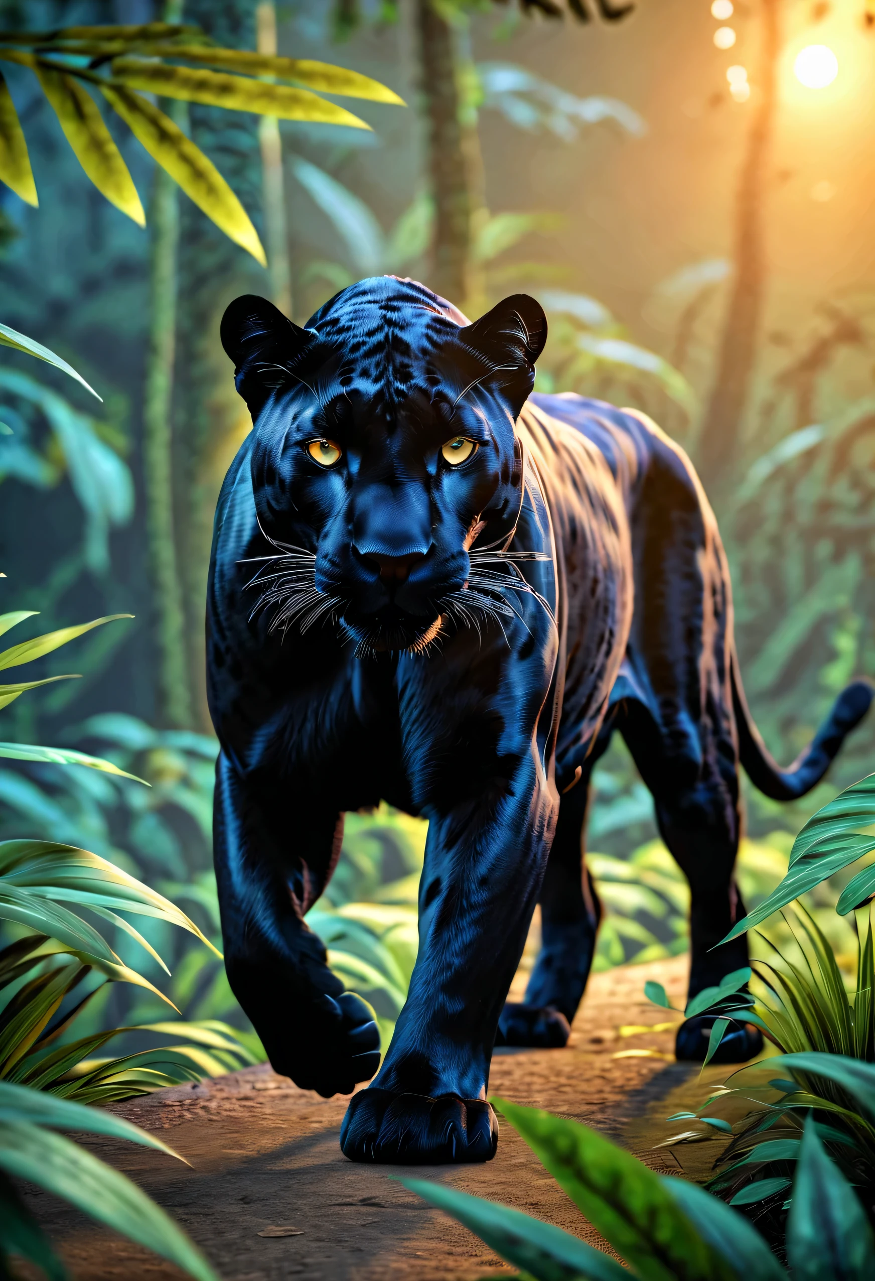 ((pantera:1.5, ultra detallado:1.4, majestuoso, imponente, elegant, temible, entre hojas en medio de la selva.:1.4),hyper realistic, epic, ultra, Obra maestra, sunset lighting near dusk, paisaje impecable, 32k,