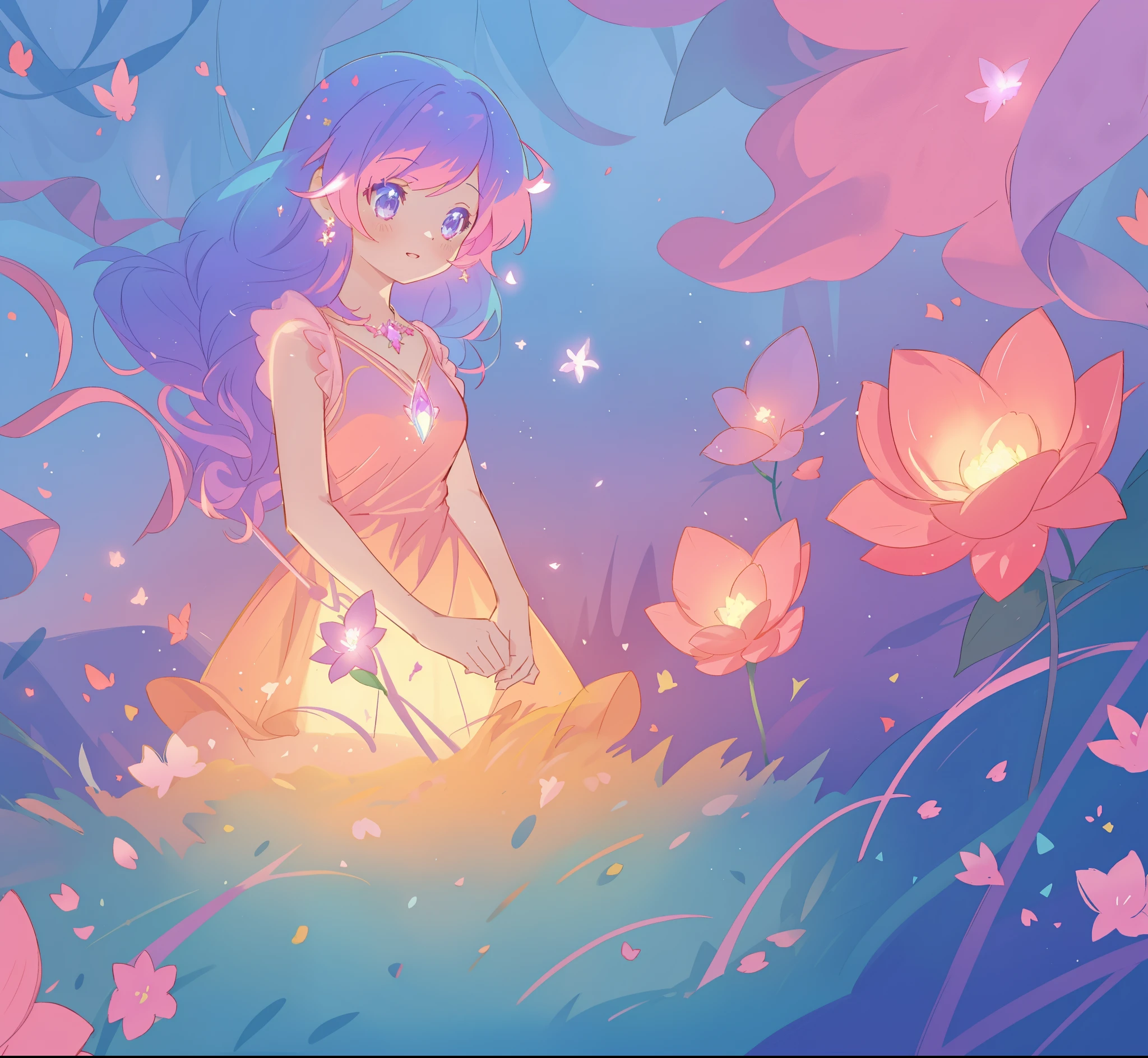 beautiful girl in glowing layered fantasy dress, fairy girl, sparkling glowing lights, long glowing purple pink hair, otherworldly flowers and colorful plants, inspired by Glen Keane, inspired by Lois van Baarle, fantasia otherworldly landscape, fantasia background, beautiful, masterpiece, best quality