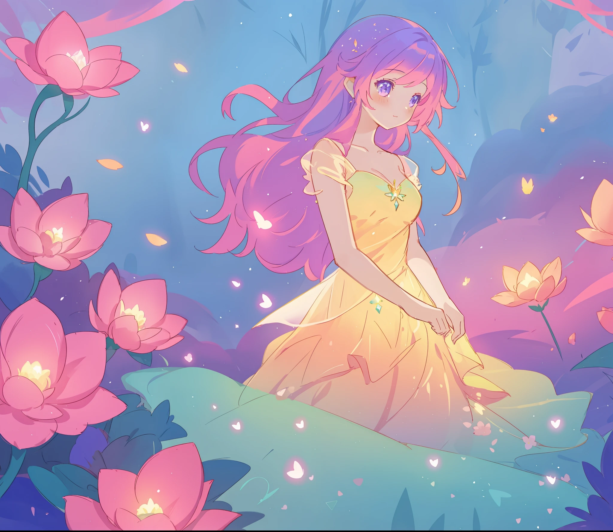 beautiful girl in glowing layered fantasy dress, fairy girl, sparkling glowing lights, long glowing purple pink hair, otherworldly flowers and colorful plants, inspired by Glen Keane, inspired by Lois van Baarle, fantasia otherworldly landscape, fantasia background, beautiful, masterpiece, best quality