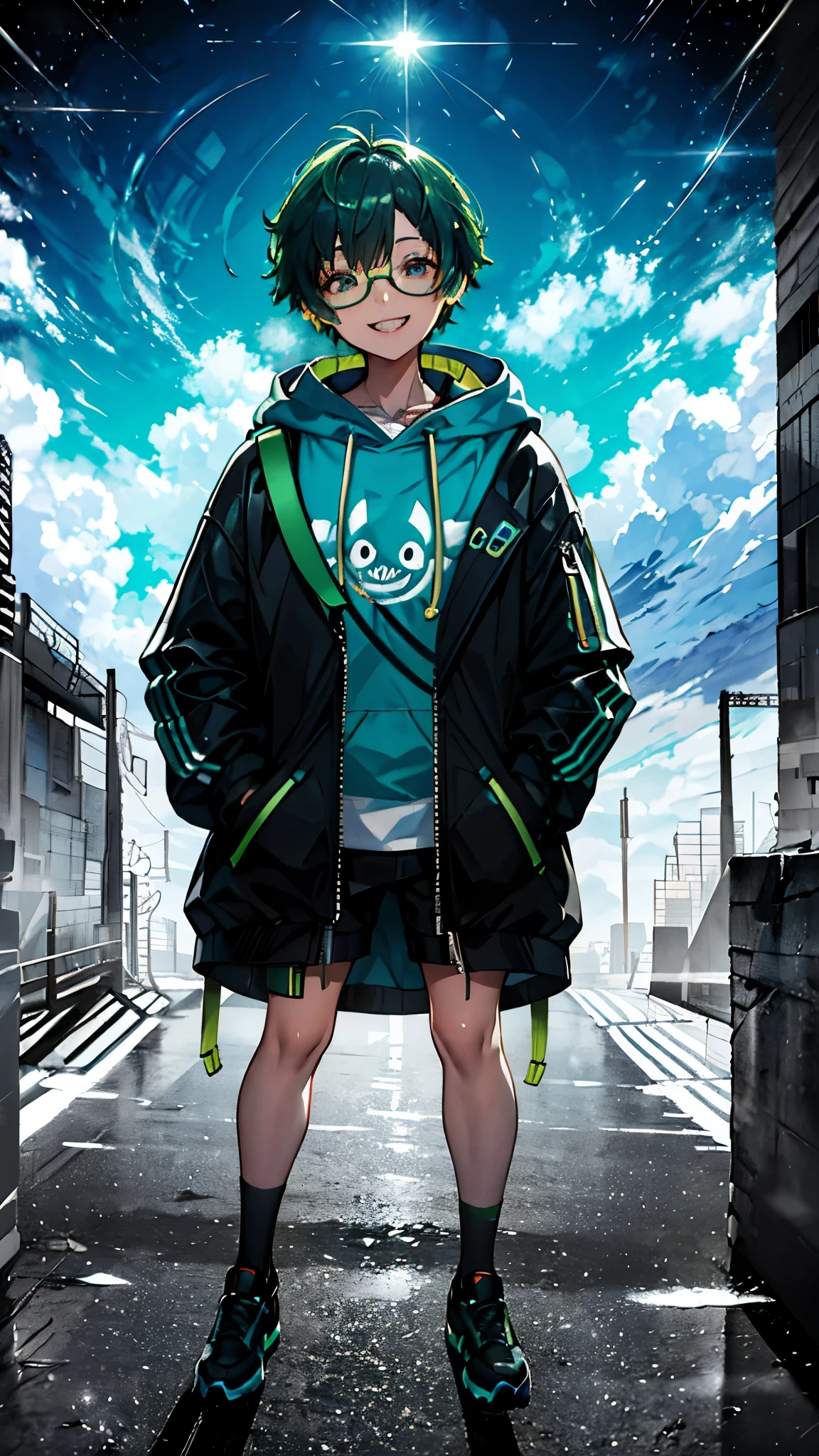 hoodie oversize、1 male、headphone、put one&#39;s hand in one&#39;s pocket、Backpack、short cut hair、green hair、fine eyes、cyber punk、view audience、Grinning face、canine teeth、smile、Glasses
