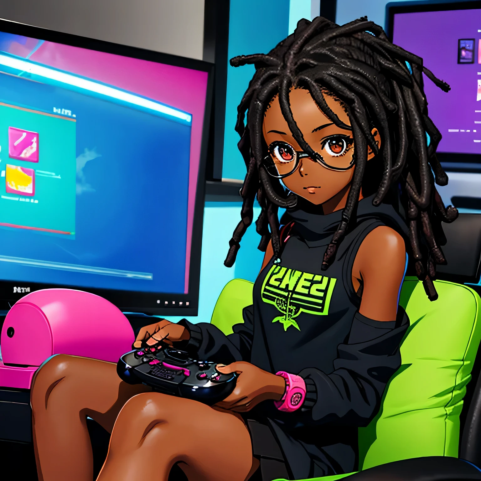 DARK SKINNED AFRICAN girl ANIME CHARACTER, SUPER CUTE, IN ALL BLACK CUTE OUTFIT, no other colors WITH SHORT DREAD LOCS, gamer girl playing with a game controller