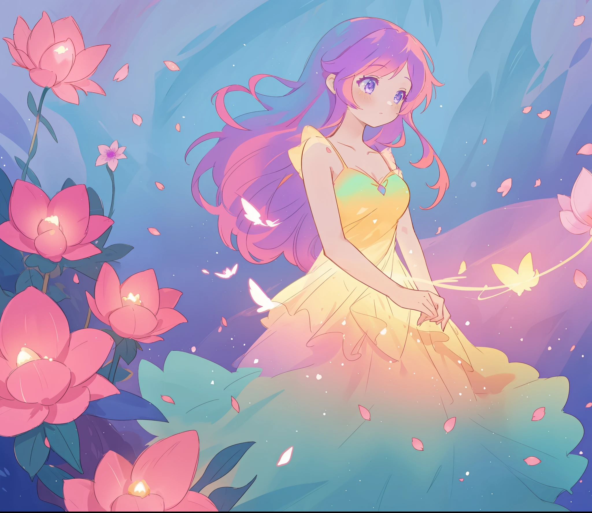 beautiful girl in glowing layered fantasy dress, fairy girl, sparkling glowing lights, long glowing purple pink hair, otherworldly flowers and colorful plants, inspired by Glen Keane, inspired by Lois van Baarle, fantasia otherworldly landscape, fantasia background, beautiful, masterpiece, best quality