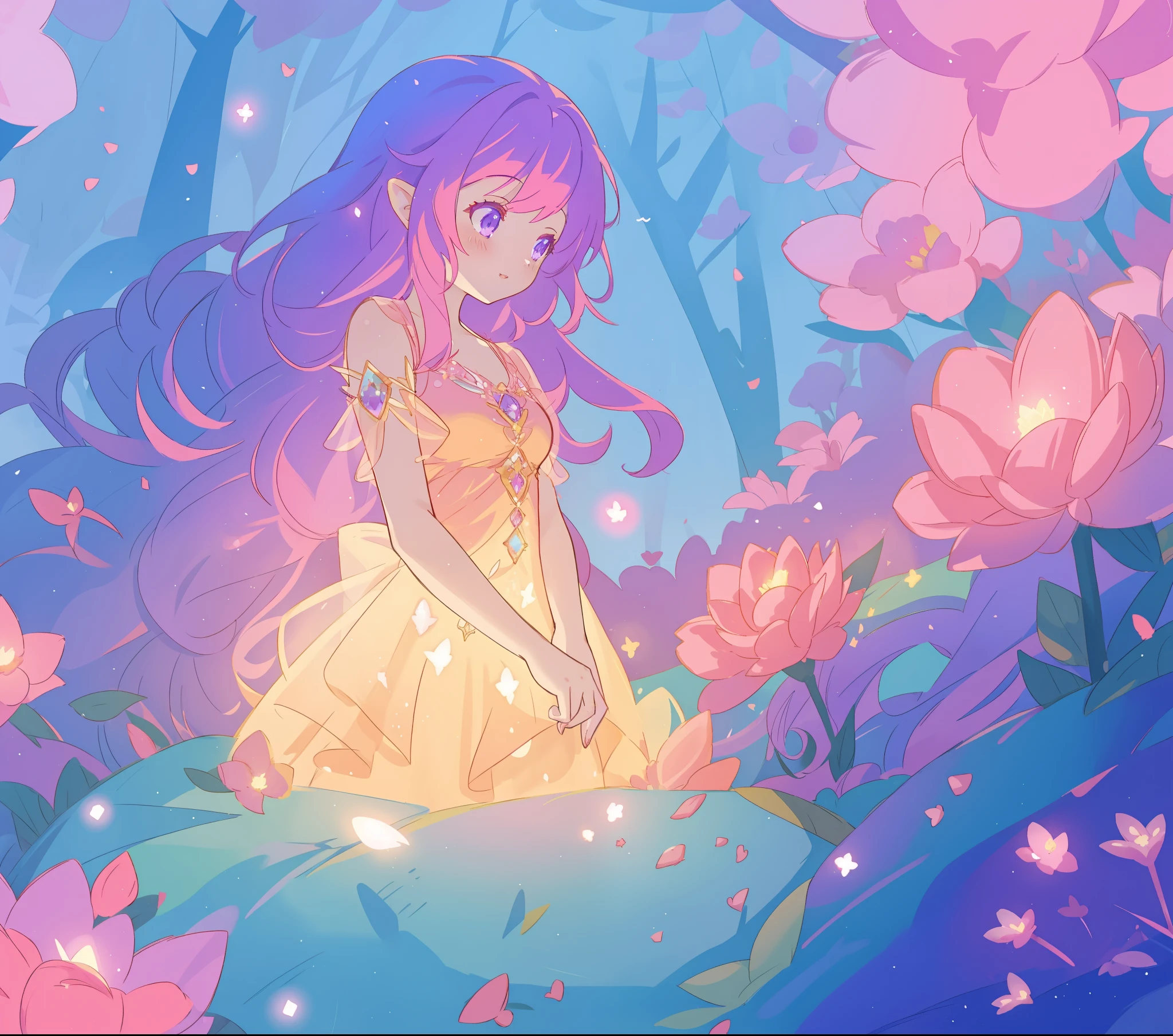 beautiful girl in glowing layered fantasy dress, fairy girl, sparkling glowing lights, long glowing purple pink hair, otherworldly flowers and colorful plants, inspired by Glen Keane, inspired by Lois van Baarle, fantasia otherworldly landscape, fantasia background, beautiful, masterpiece, best quality