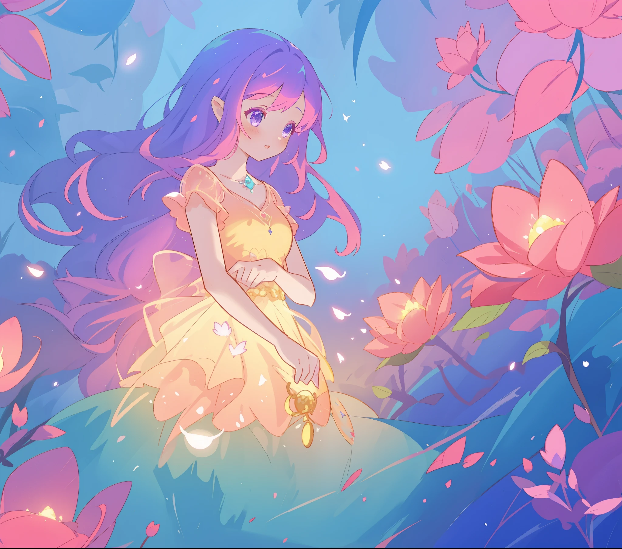beautiful girl in glowing layered fantasy dress, fairy girl, sparkling glowing lights, long glowing purple pink hair, otherworldly flowers and colorful plants, inspired by Glen Keane, inspired by Lois van Baarle, fantasia otherworldly landscape, fantasia background, beautiful, masterpiece, best quality