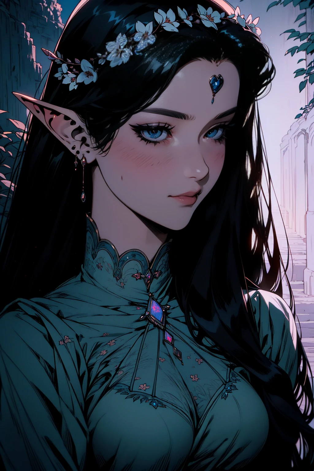 { - anatomy error}(Masterpiece - Ultra-detailed, very high resolution)moonlight, hyper-realistic of a mysterious woman with flowing black hair, ears of elf, piercing opal eyes, and a delicate floral crown, delicate smile, upper body, backwards, looking back