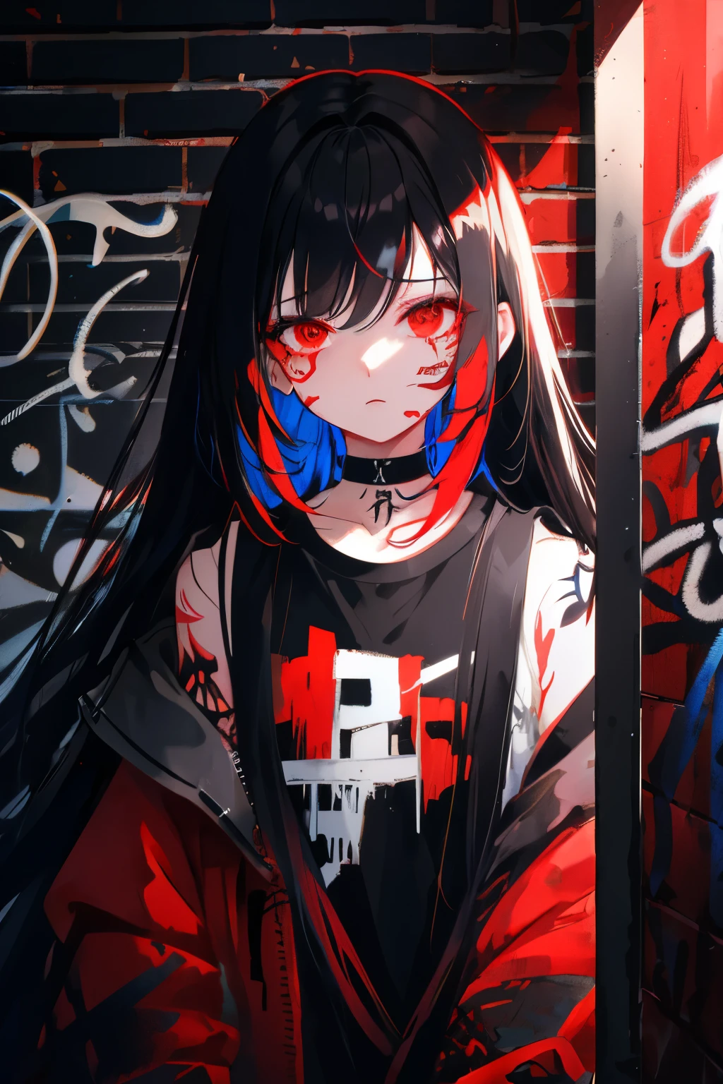 best quality, intricate details, chromatic aberration,
1girl, long hair, black hair, messy hair, red highlights, hair over one eye, red eyes, sharp eyes,
choker, neon shirt, torn legwear, open jacket,
against wall, brick wall, graffiti, glowing grafiti, glowing tattoos, glow, neon lights,
blacklight,