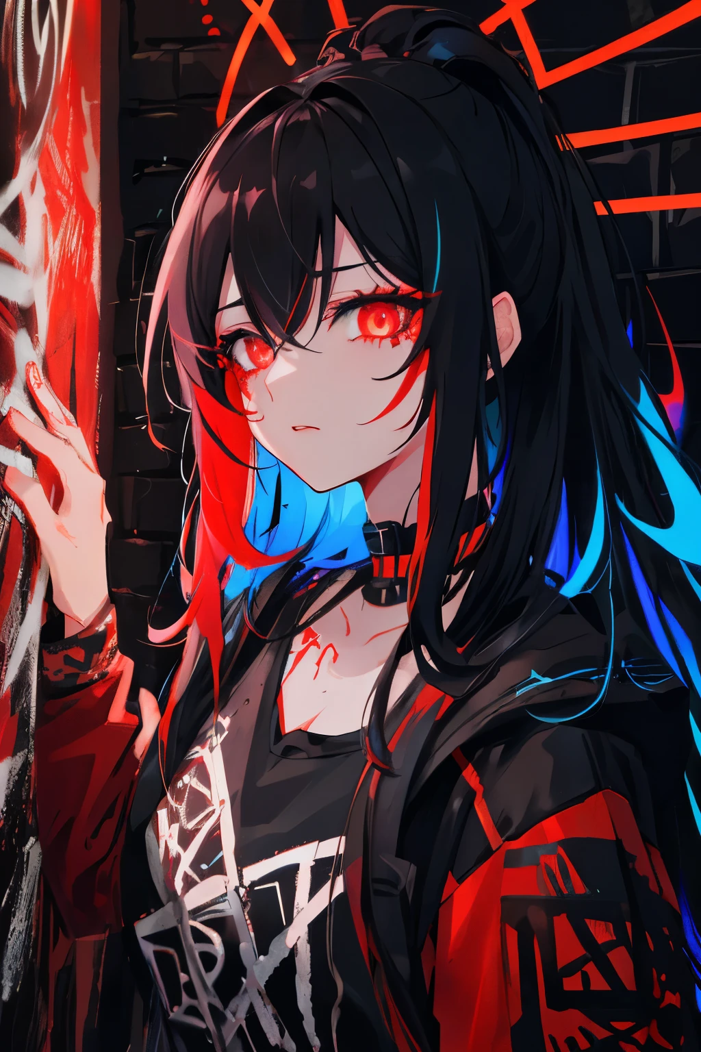 best quality, intricate details, chromatic aberration,
1girl, long hair, black hair, messy hair, red highlights, hair over one eye, red eyes, sharp eyes,
choker, neon shirt, torn legwear, open jacket,
against wall, brick wall, graffiti, glowing grafiti, glowing tattoos, glow, neon lights,
blacklight,