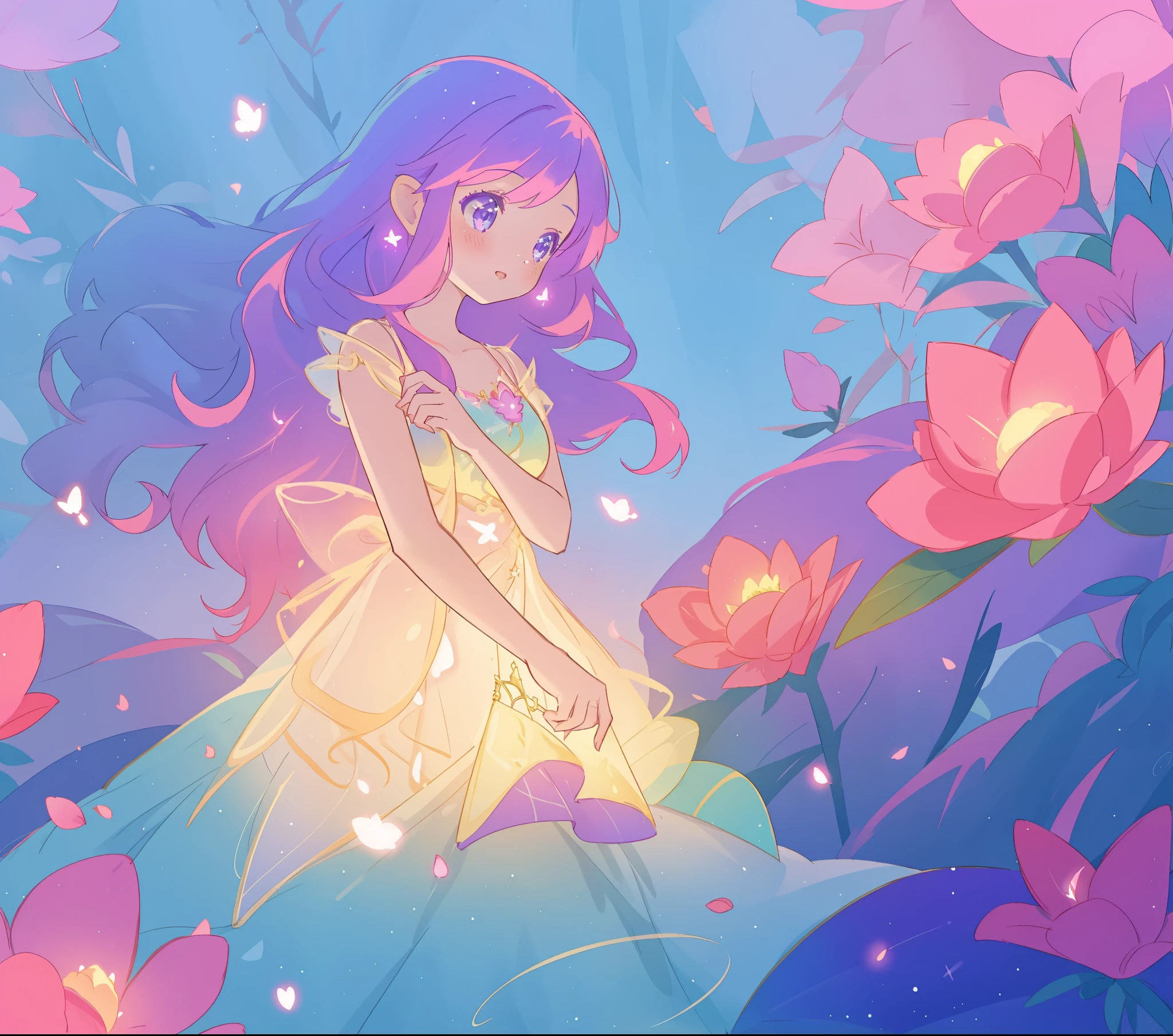 beautiful girl in glowing layered fantasy dress, fairy girl, sparkling glowing lights, long glowing purple pink hair, otherworldly flowers and colorful plants, inspired by Glen Keane, inspired by Lois van Baarle, fantasia otherworldly landscape, fantasia background, beautiful, masterpiece, best quality