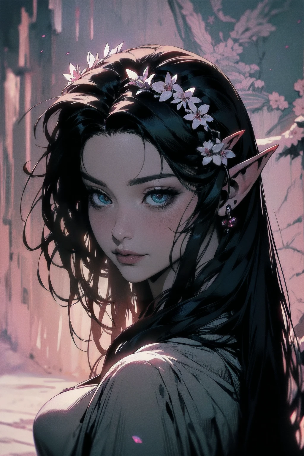 { - anatomy error}(Masterpiece - Ultra-detailed, very high resolution)moonlight, hyper-realistic of a mysterious woman with flowing black hair, ears of elf, piercing opal eyes, and a delicate floral crown, delicate smile, upper body, backwards, looking back