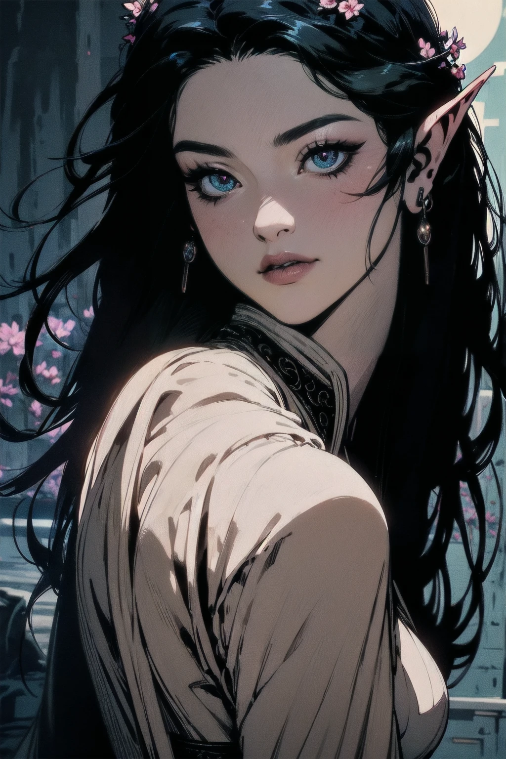 { - anatomy error}(Masterpiece - Ultra-detailed, very high resolution)moonlight, hyper-realistic of a mysterious woman with flowing black hair, ears of elf, piercing opal eyes, and a delicate floral crown, delicate smile, upper body, backwards, looking back