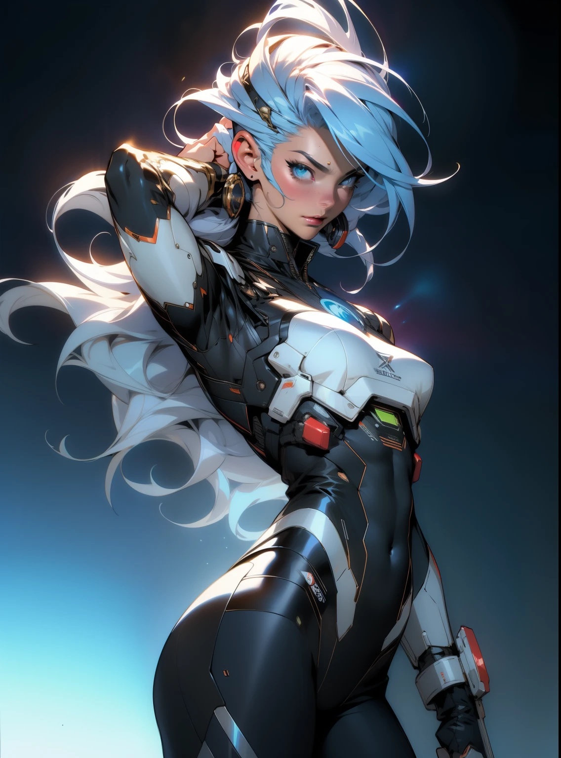 (((adult woman))), ((Best quality)), ((masterpiece)), (detailed: 1.4), (Absurd), warrior muscular adult woman of 35 years with micro thong in the style of Simon Bisley, perfect body, bare thighs, neckline, large breasts, blue 2-piece clothing, almost naked, long white hair, tattoo on the arms, cybernetic hand, pastel, centered, scale to fit the dimensions, HDR (High Dynamic Range), Ray Tracing,NVIDIA RTX,Super-Resolution,Unreal 5,Subsurface Dispersion, PBR Texture, Post-processing, Anisotropic Filtering, Depth of field, Maximum clarity and sharpness, Multilayer textures, Albedo and specular maps, Surface shading, Accurate simulation of light-material interaction, Perfect proportions, Octane Render, Two-tone lighting, Wide aperture, Low ISO, White balance, Rule of thirds, 8K RAW