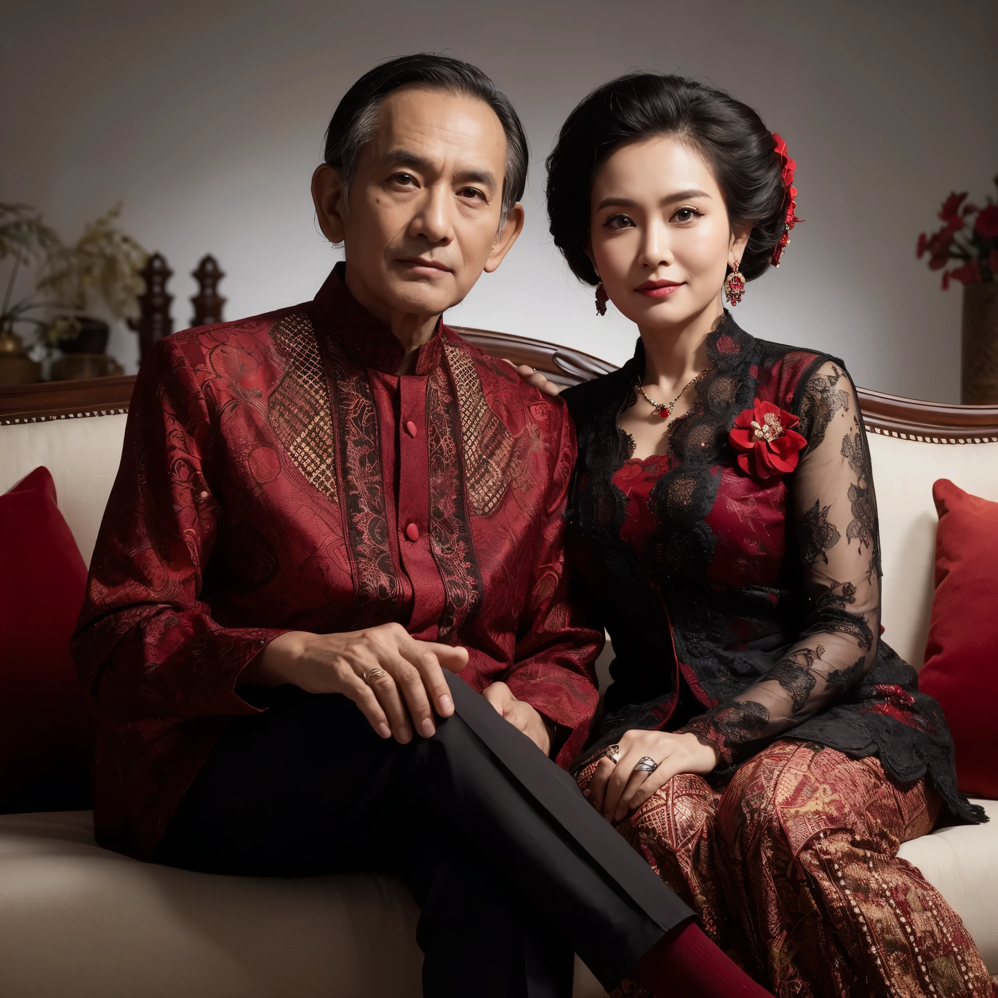Family photo from Indonesia, two members. One 60-year-old slim man, and one 60-year-old slightly overweight woman with her hair in a bun, they are both wearing coordinated red and black batik outfits, looking luxurious. It's a studio photo, with a formal seated pose on a sofa, professionally done, realistic, against a luxurious living room background with white lighting, ultra HD, detailed, 8K. 