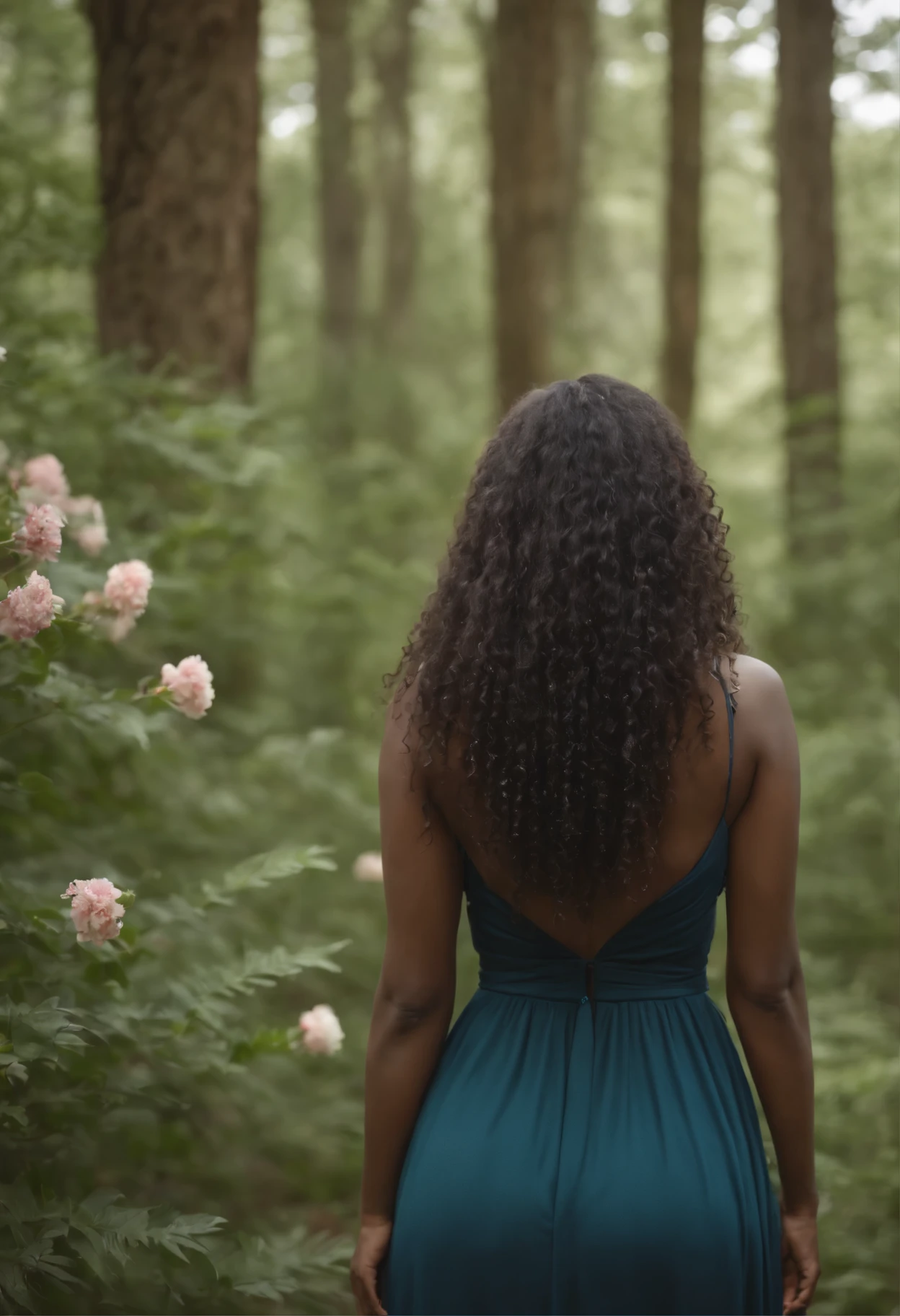 (best quality,4k,highres,masterpiece:1.2),black woman with long curly hair,back view,fantasy forest,shimmering,flowers,trees, no face, all body