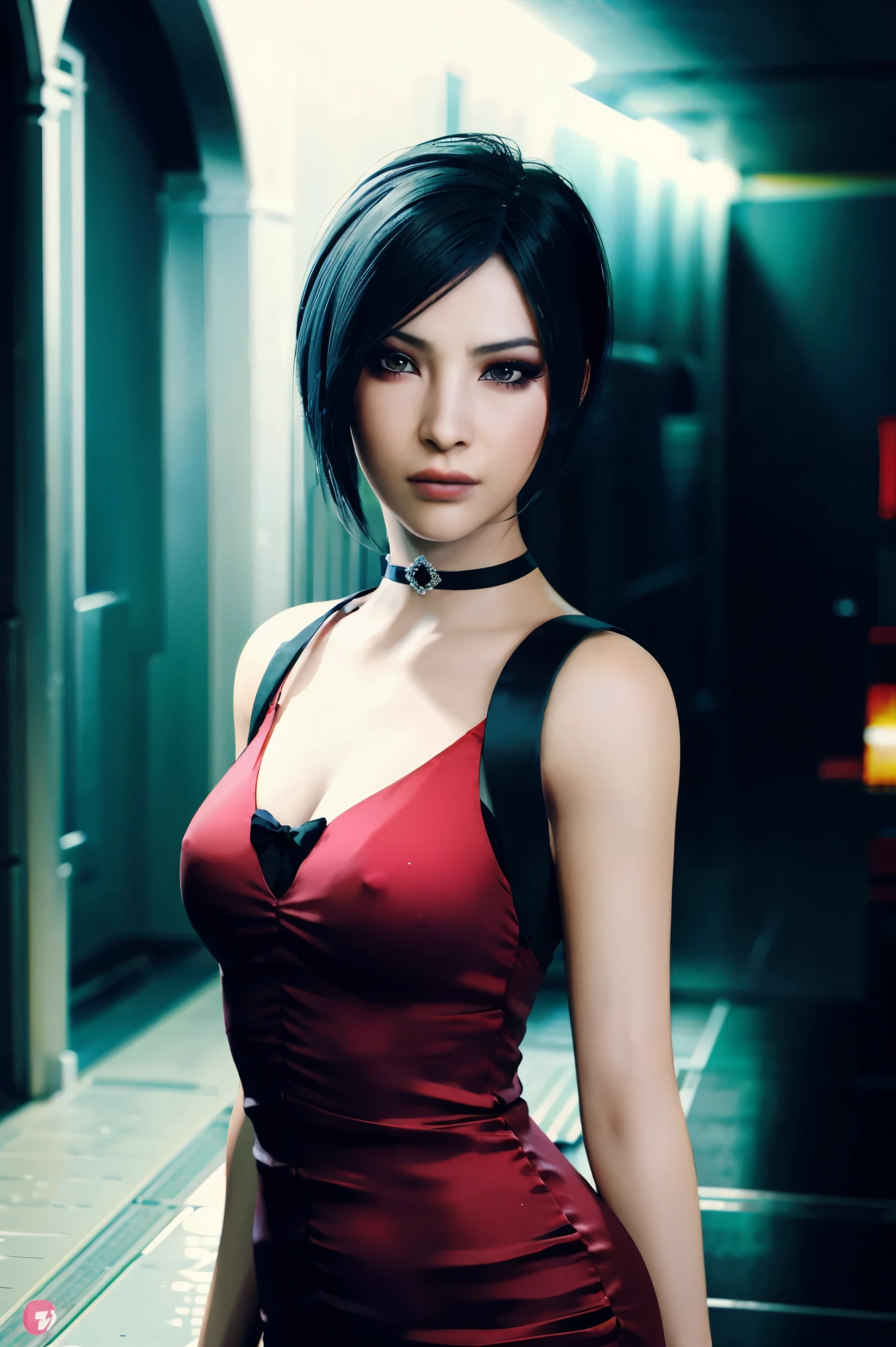 A stunning full color intricate portrait in Ultra-HD, 24 year old girl, detailed face, short black hair, black eyes, makeup, red dress, neckline, right side sheath, choker, epic character composition. . alessio albi, nina masic, sharp focus, natural lighting, subsurface dispersion, f2, 35mm