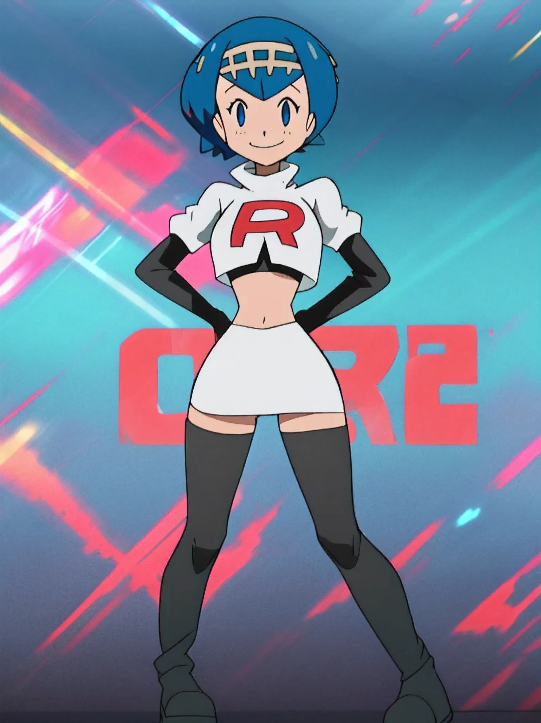 8k,1girl in, (solo:1.1), (perfect body:1.1), (best quality:1.1), very large breast, team rocket, team rocket uniform, red letter r, white skirt,white crop top,black thigh-high boots, black elbow gloves, smiling, looking down at viewer, hands on hips,zettai ryouiki,cowboy shot