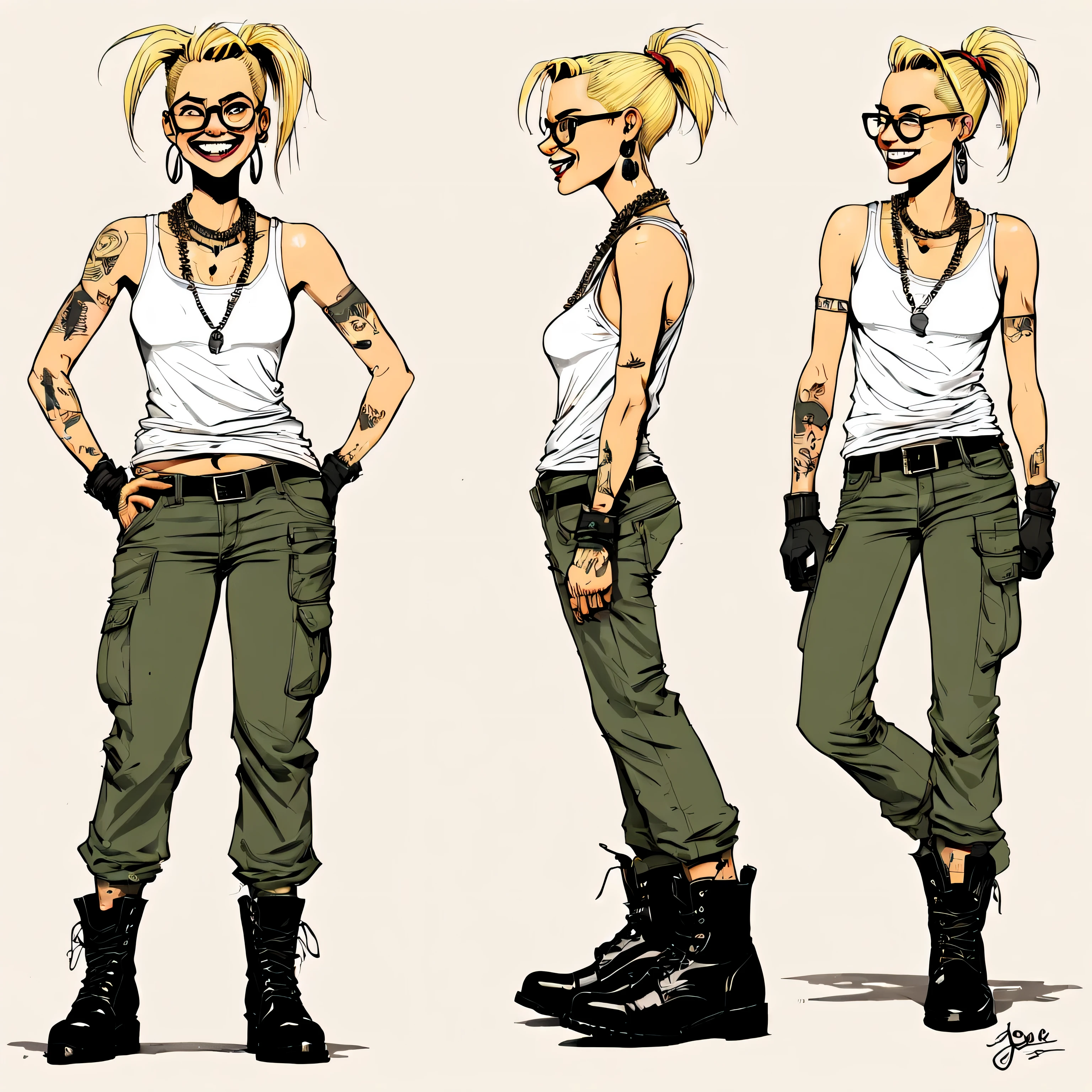 hand drawn (Joelle Jones art style) expressive ink illustration, character turn around sheet, character design sheet, Tank Girl, cut off tshirt, necklace with bullet, earrings, military pants and boots, multiple angles making silly goofy poses, funny lighthearted, smile silly face,