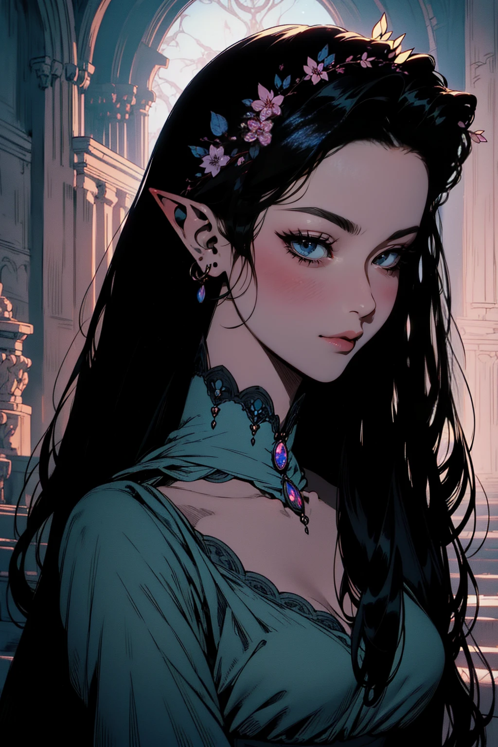 { - anatomy error}(Masterpiece - Ultra-detailed, very high resolution)moonlight, hyper-realistic of a mysterious woman with flowing black hair, ears of elf, piercing opal eyes, and a delicate floral crown, delicate smile, upper body, backwards, looking back, small neck