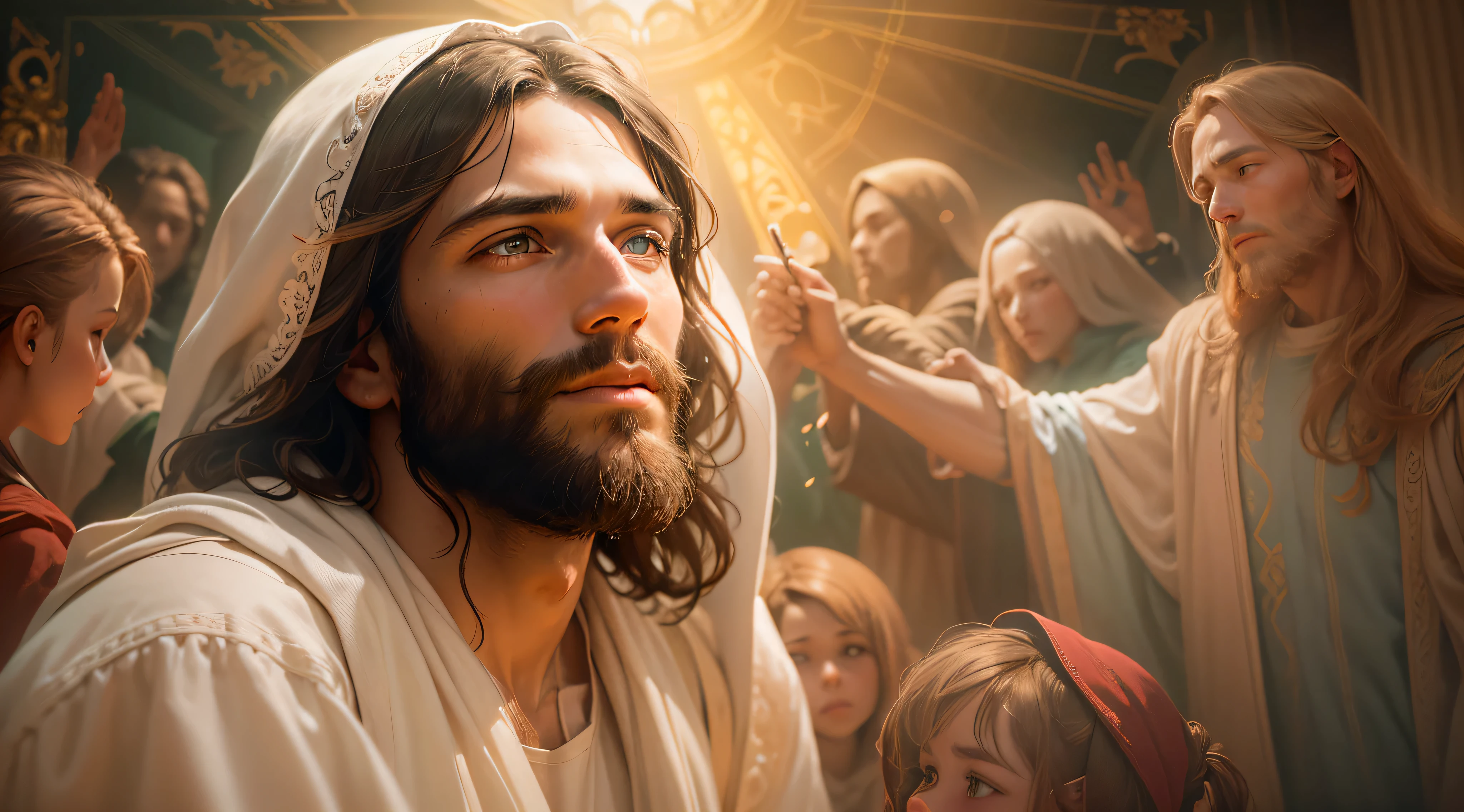 Jesus is portrayed in heaven, irradiando divindade e serenidade. The atmosphere is ethereal, com suaves raios de luz iluminando os arredores. The composition is carefully framed, capturando Jesus no centro, surrounded by paradisiacal scenery. Camera zooms in to capture every intricate detail, showing the divine characteristics and expression of Jesus. Your eyes reflect compassion and wisdom, enquanto seu sorriso sereno exala paz e amor. Dramatic lighting adds depth and mood to the scene, creating a sense of wonder and reverence. The image is captured with an ultra-detailed camera, garantindo que cada nuance e textura seja fielmente reproduzida. Resolution is set to 8K, proporcionando clareza e realismo impressionantes. Photorealistic rendering brings Jesus to life, Capture the essence of your presence in a tangible and compelling way. The aspect ratio is set to 4:3, allowing a balanced and classic composition. The version used is Midjourney 5.2, Leveraging the latest advances in imaging technology. Camera settings are set to automatic, optimizing exposure and focus to capture the scene at its peak beauty. No geral, the scene depicts Jesus in all his glory, conveying a sense of divine presence and peace. The combination of ultra-detailed photography, Dramatic lighting and high-resolution rendering create a visually stunning and emotionally resonant depiction of Jesus in heaven.