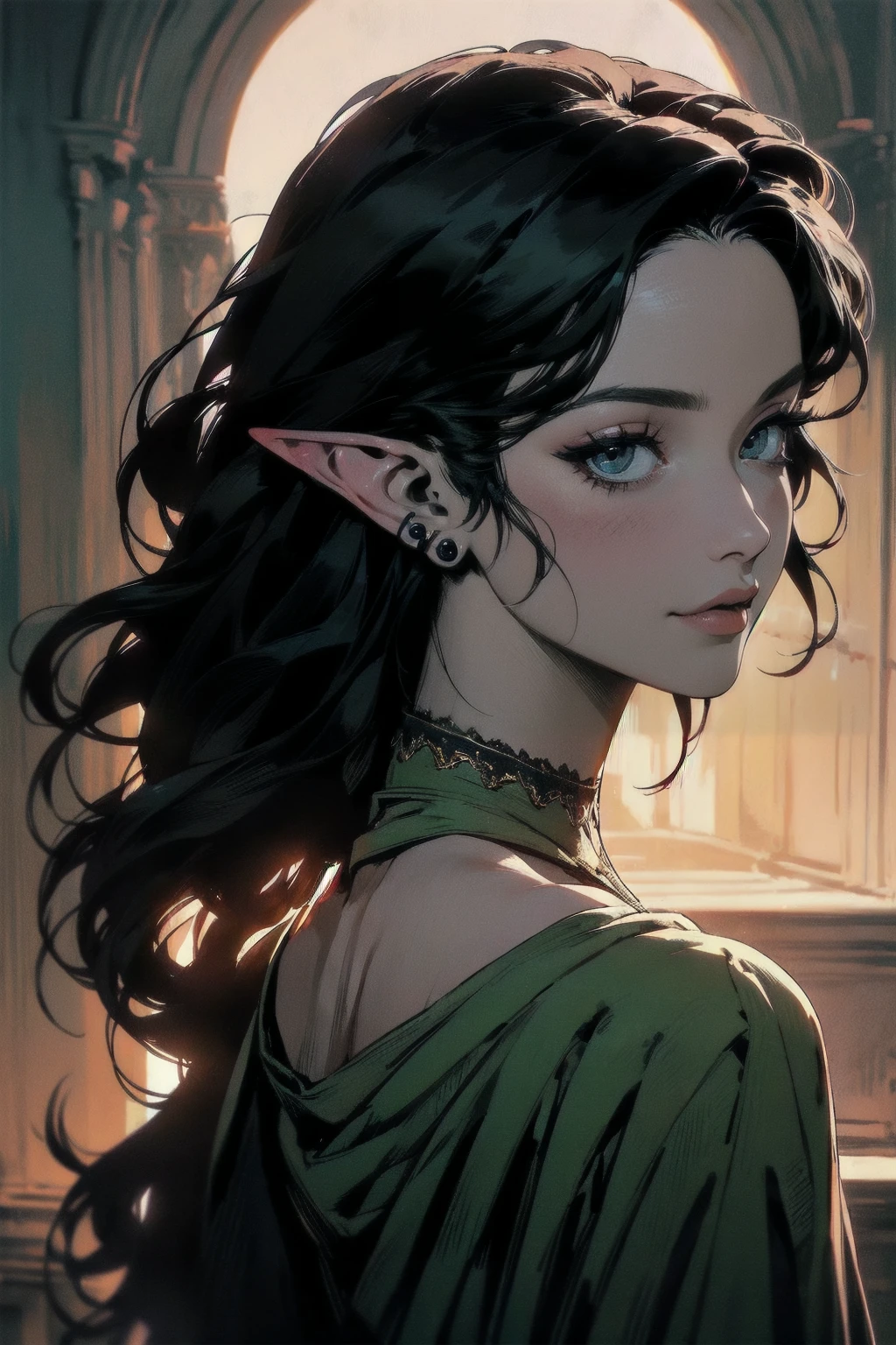 { - anatomy error}(Masterpiece - Ultra-detailed, very high resolution)moonlight, hyper-realistic of a mysterious woman with flowing black hair, ears of elf, piercing opal eyes, and a delicate floral crown, delicate smile, upper body, backwards, looking back, small neck