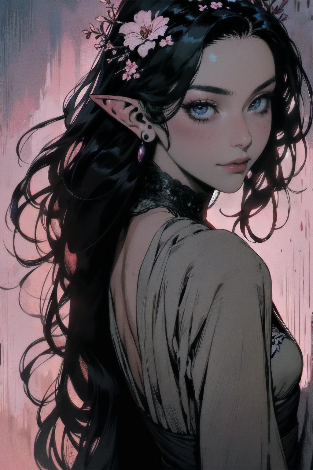 { -  error}(Masterpiece - Ultra-detailed, very high resolution)hyper-realistic of a mysterious woman with flowing black hair, ears of elf, piercing opal eyes, and a delicate floral crown, delicate smile, whole body, sitting on the water, backwards, looking back, perfect eyes, perfect fingers