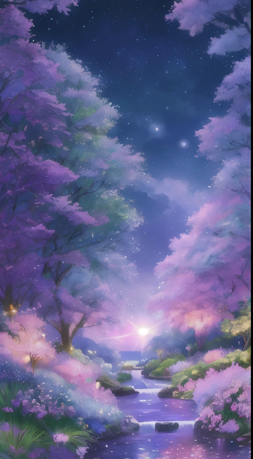 In the heart of a magical, pretty night scene, a green stream flows gracefully, creating an enchanting overlay. Above, the sky is painted with soft hues of blue and purple, adorned with delicate, cotton-like clouds. The clean background enhances the beauty of the scenery, making it a true masterpiece. Its high quality and beautiful graphics are a feast for the eyes, with intricate details that captivate the imagination. The epic scene transports you to a serene garden filled with radiant flowers, their vibrant petals illuminated by the faint glow of the night sky. Pink petals fall gently from the trees, shimmering like stars as they twinkle in