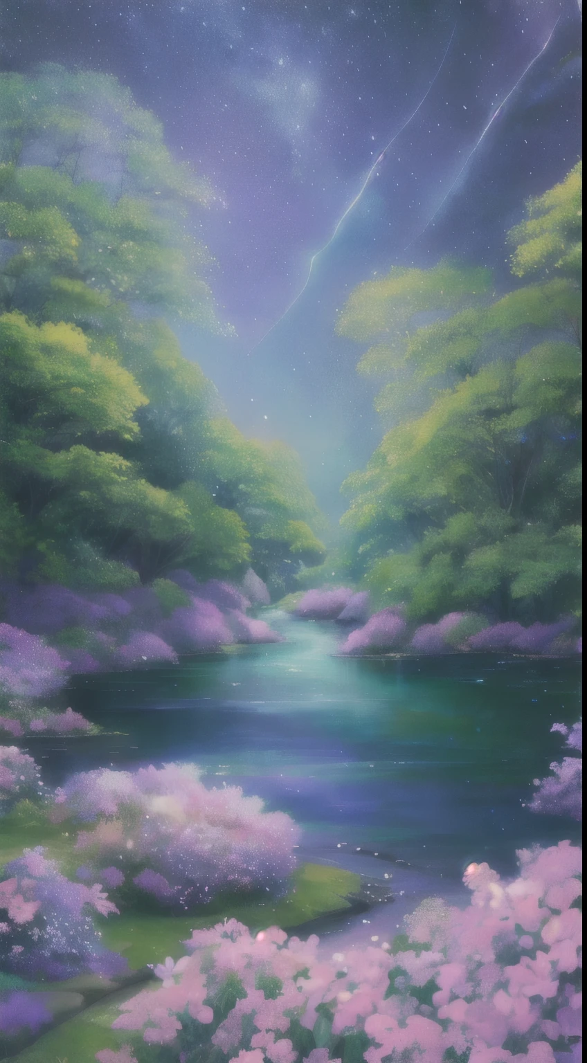 In the heart of a magical, pretty night scene, a green stream flows gracefully, creating an enchanting overlay. Above, the sky is painted with soft hues of blue and purple, adorned with delicate, cotton-like clouds. The clean background enhances the beauty of the scenery, making it a true masterpiece. Its high quality and beautiful graphics are a feast for the eyes, with intricate details that captivate the imagination. The epic scene transports you to a serene garden filled with radiant flowers, their vibrant petals illuminated by the faint glow of the night sky. Pink petals fall gently from the trees, shimmering like stars as they twinkle in