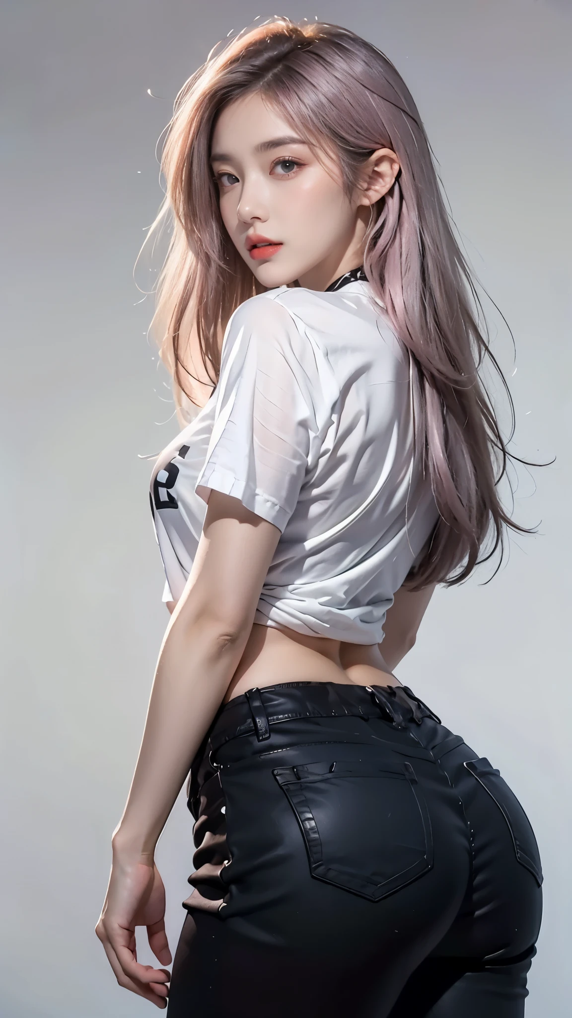 lifelike, high resolution, 1 female, Shiny skin, alone, jewelry, pink lips, Long（Colored hair） blue eyes, Keep your mouth shut, Buttocks up, gray short sleeves, open belly, Black is super short, streetwear