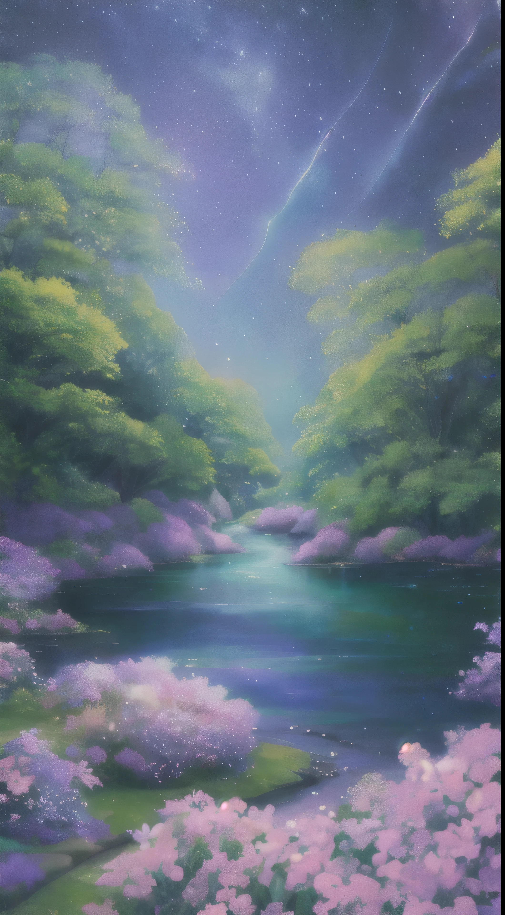 In the heart of a magical, pretty night scene, a green stream flows gracefully, creating an enchanting overlay. Above, the sky is painted with soft hues of blue and purple, adorned with delicate, cotton-like clouds. The clean background enhances the beauty of the scenery, making it a true masterpiece. Its high quality and beautiful graphics are a feast for the eyes, with intricate details that captivate the imagination. The epic scene transports you to a serene garden filled with radiant flowers, their vibrant petals illuminated by the faint glow of the night sky. Pink petals fall gently from the trees, shimmering like stars as they twinkle in